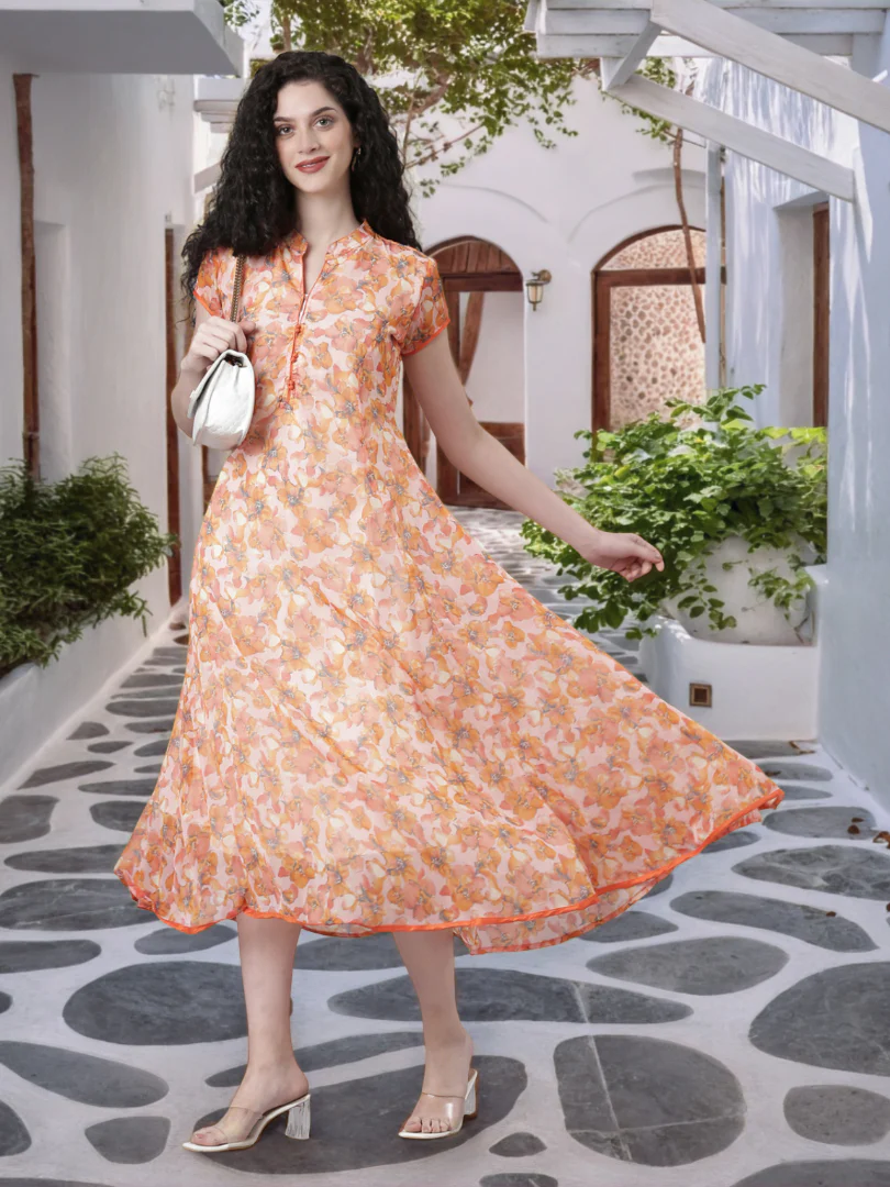 Women Peach Floral Chiffon Dress - Image 4