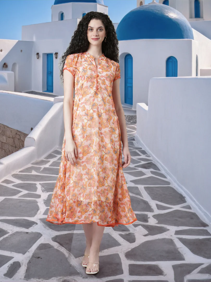 Women Peach Floral Chiffon Dress - Image 6