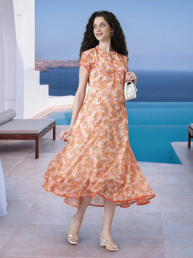 Women Peach Floral Chiffon Dress - Image 7