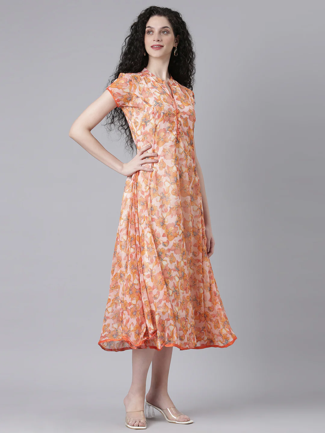 Women Peach Floral Chiffon Dress - Image 8
