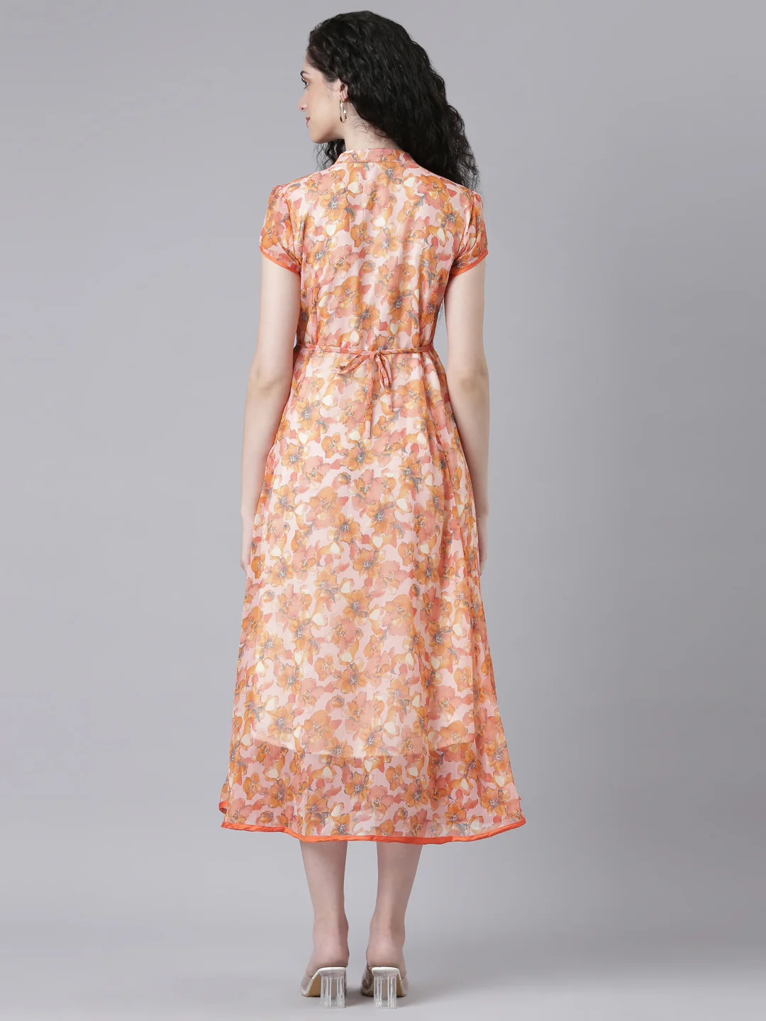 Women Peach Floral Chiffon Dress - Image 9