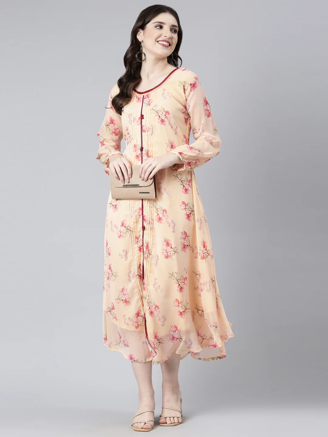 Women Peach Floral Chiffon Dress - Image 10