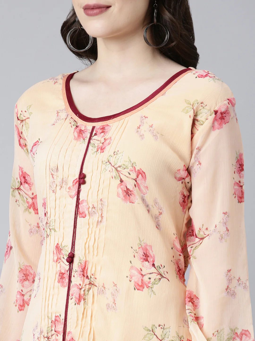 Women Peach Floral Chiffon Dress - Image 12