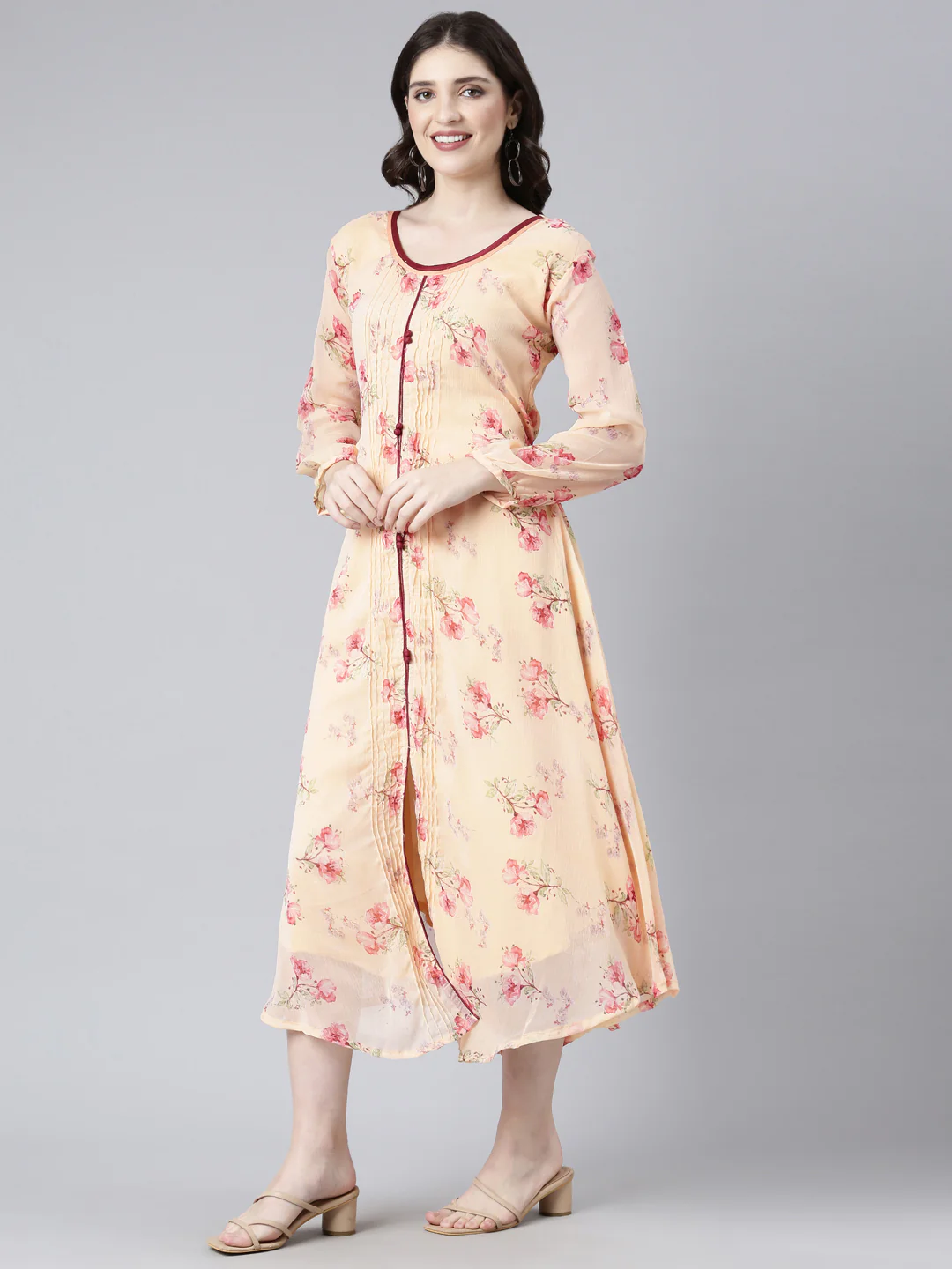 Women Peach Floral Chiffon Dress - Image 2