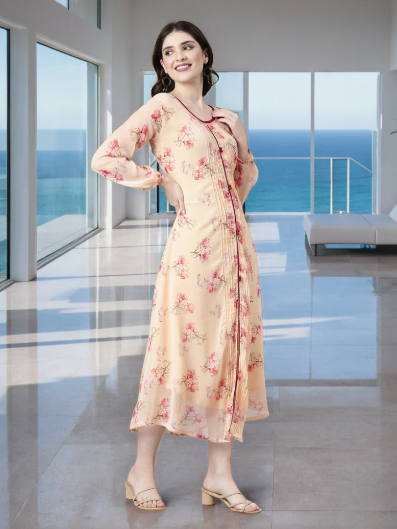 Women Peach Floral Chiffon Dress - Image 5