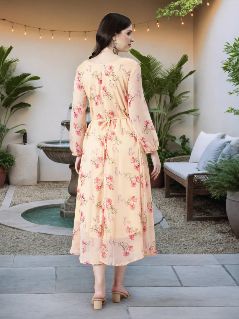 Women Peach Floral Chiffon Dress - Image 6