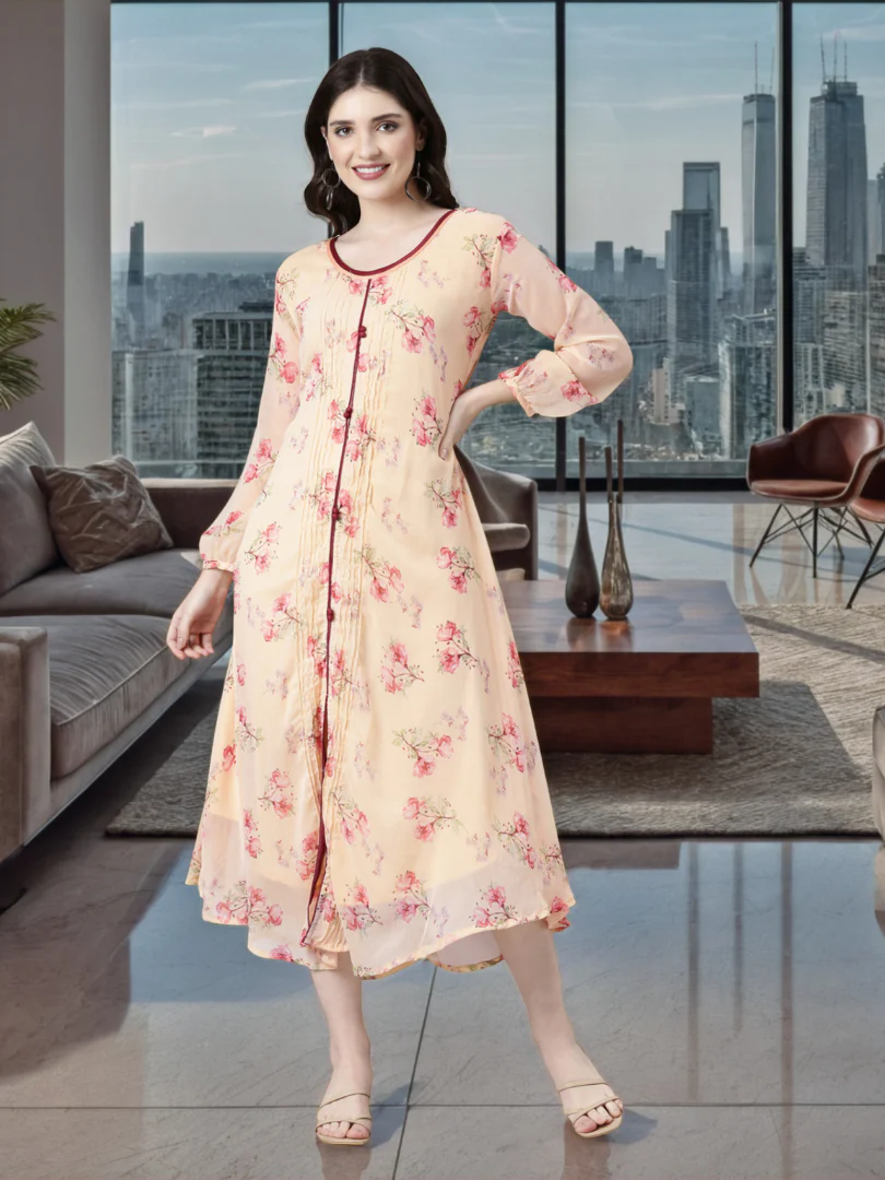 Women Peach Floral Chiffon Dress - Image 7