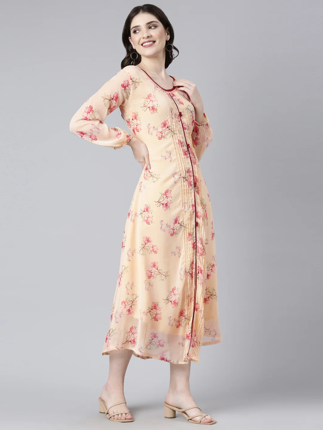 Women Peach Floral Chiffon Dress - Image 8