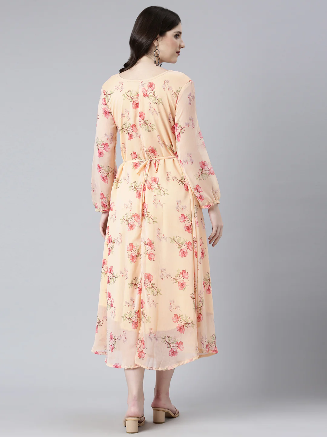 Women Peach Floral Chiffon Dress - Image 9