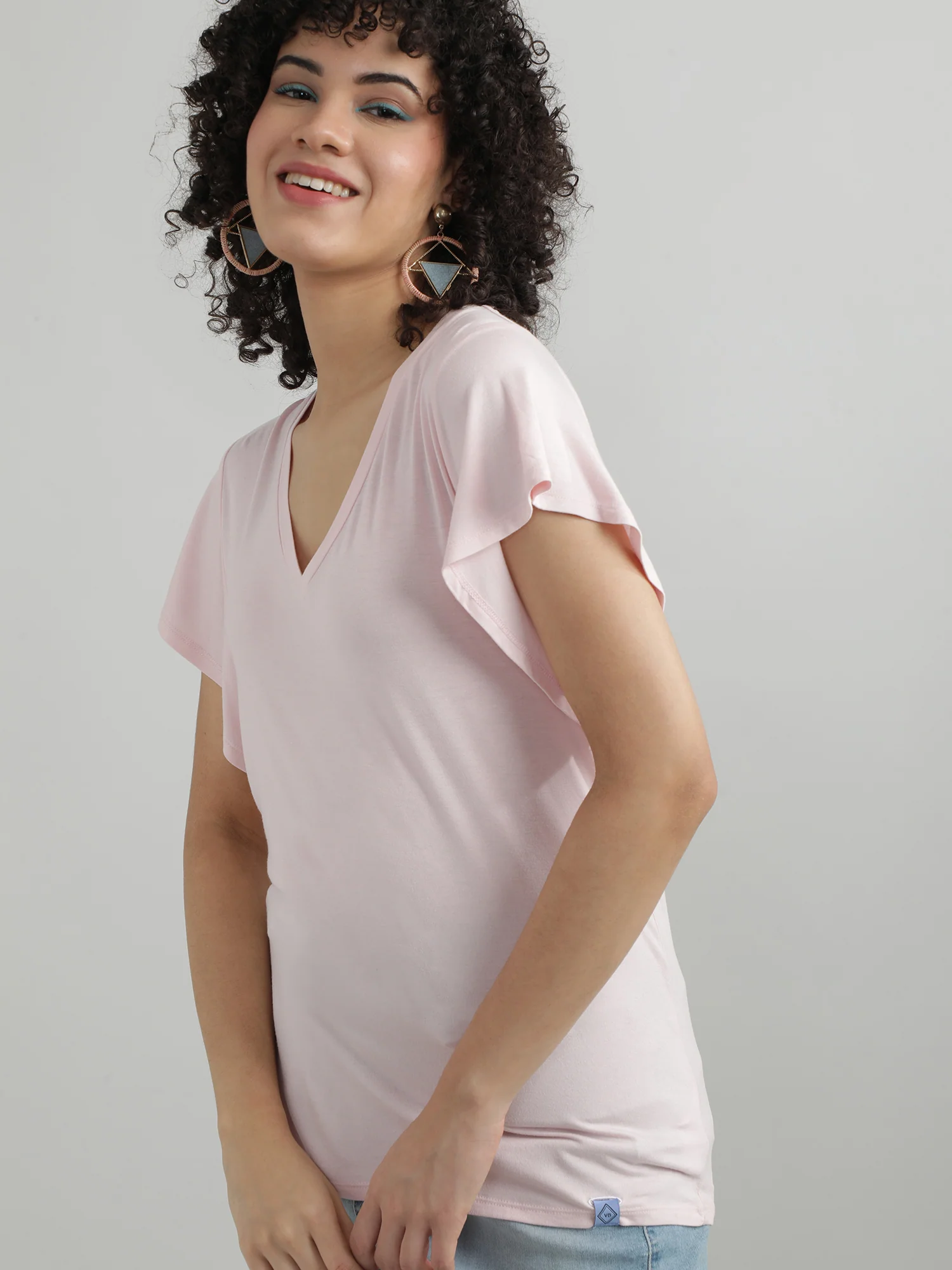 Women Peach V Neck T shirt - Image 2