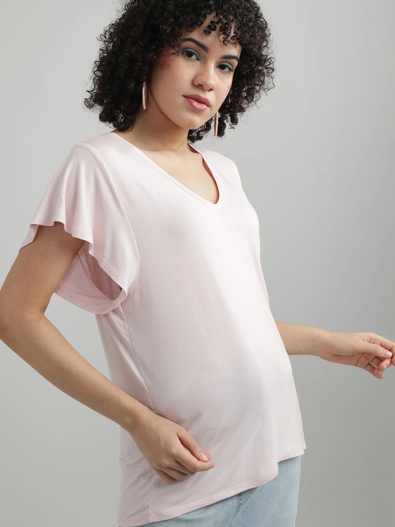 Women Peach V Neck T shirt - Image 3