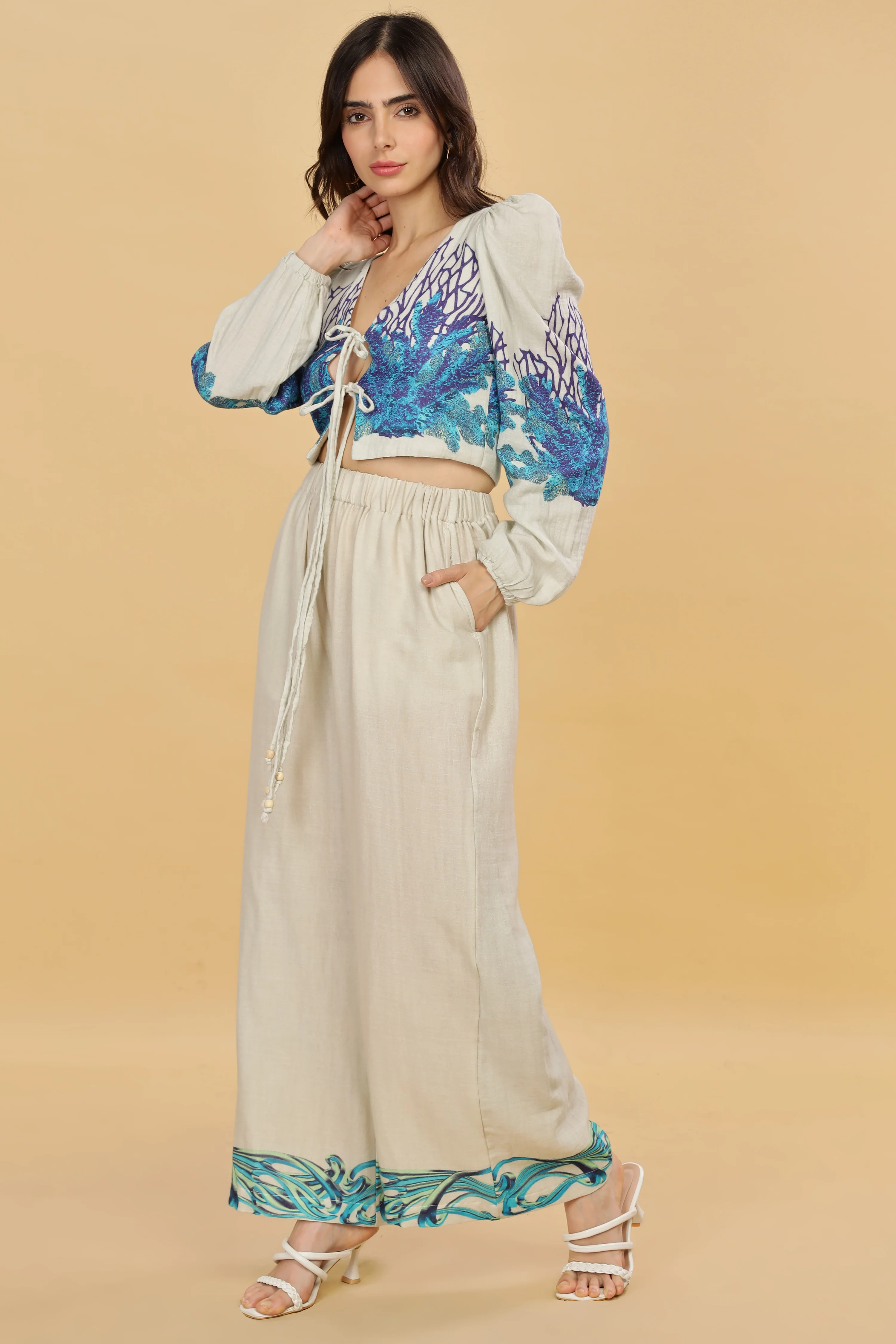 Women Pearl Garden Flared Gauge Cotton Pants - Image 3