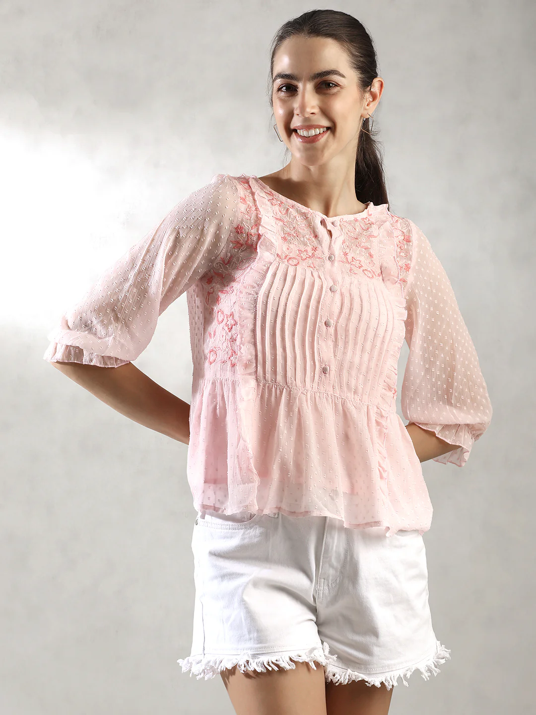 Women Pink Pleated A-Line Top - Image 2