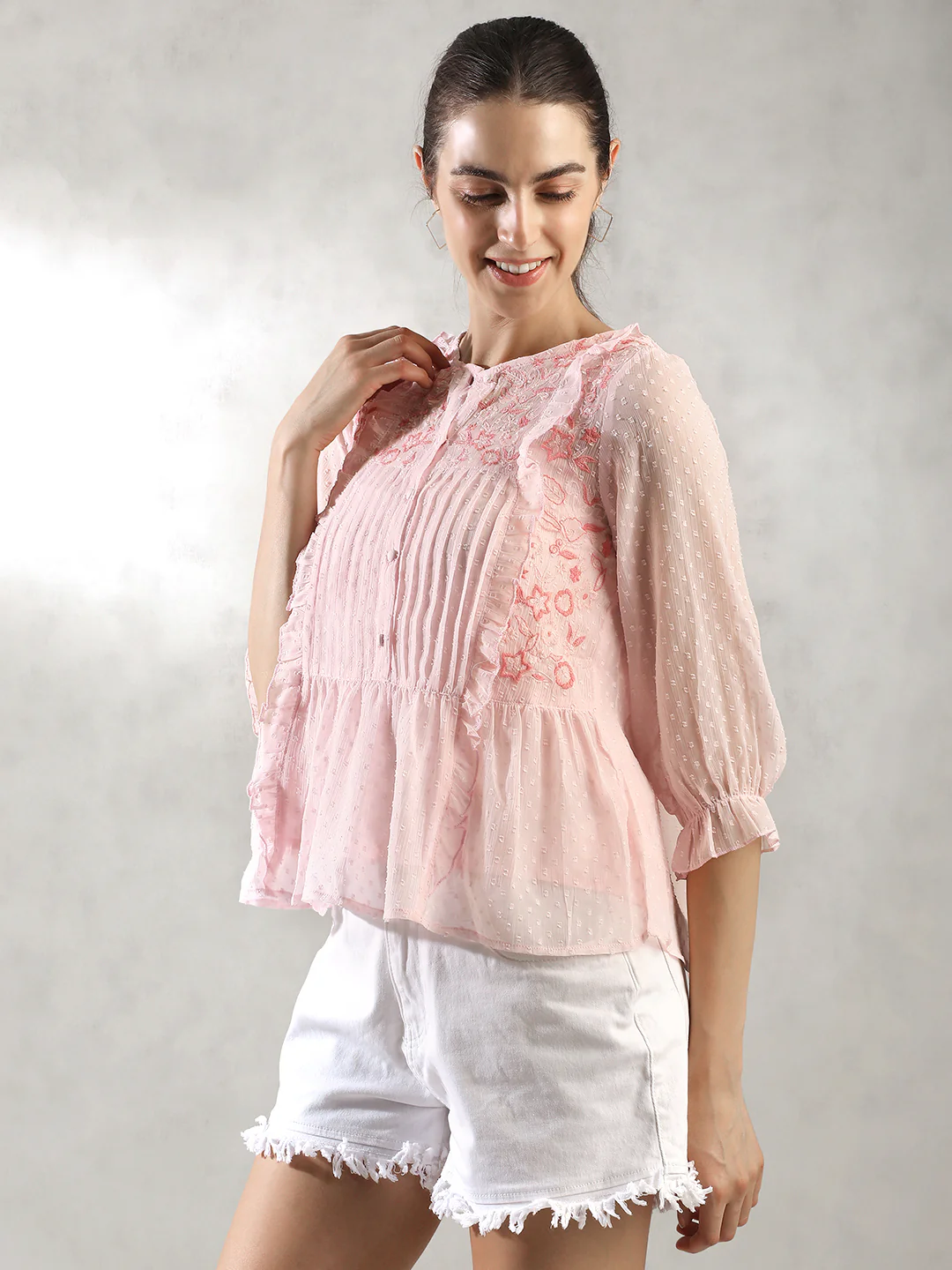 Women Pink Pleated A-Line Top - Image 5