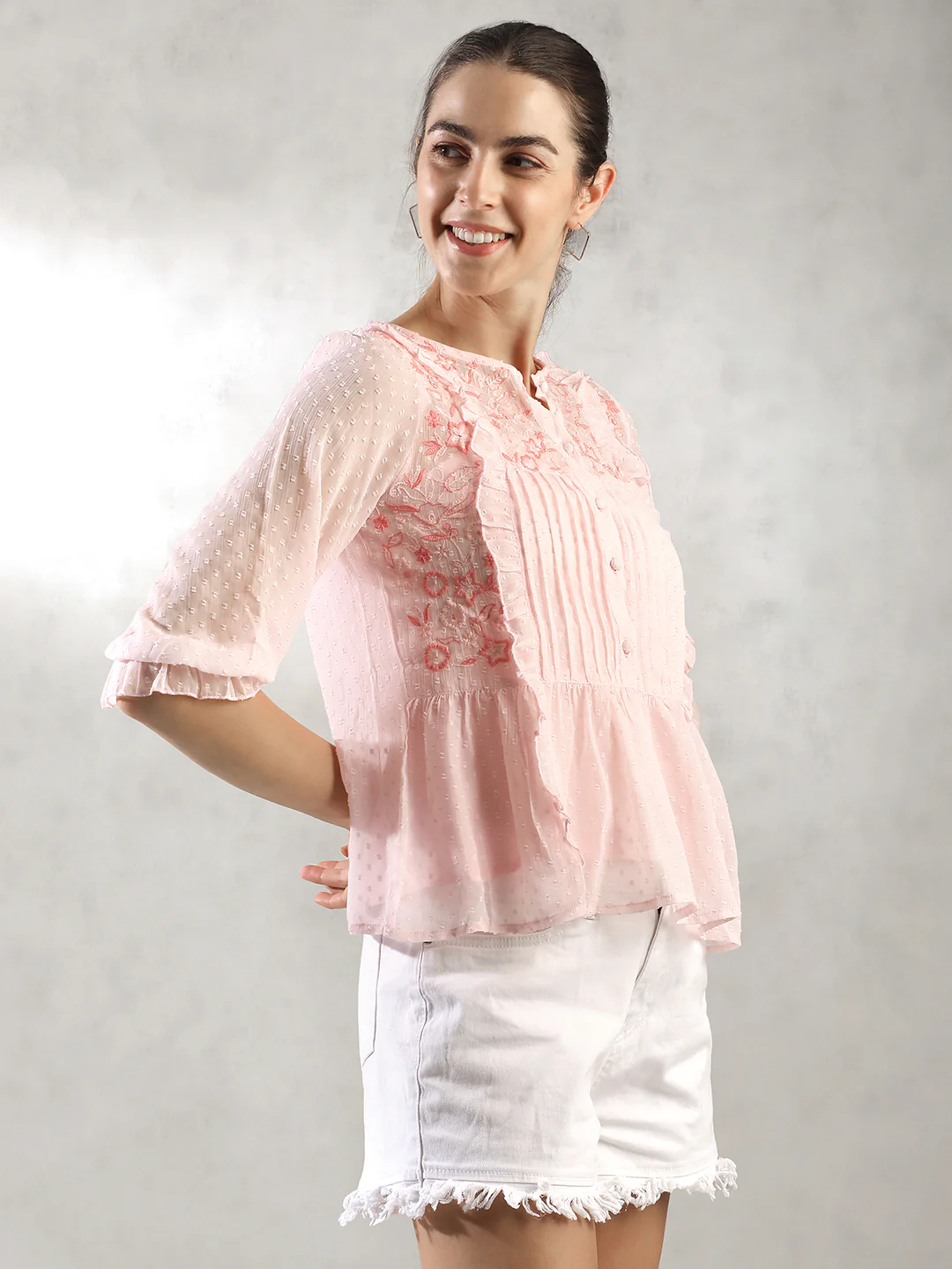 Women Pink Pleated A-Line Top - Image 6