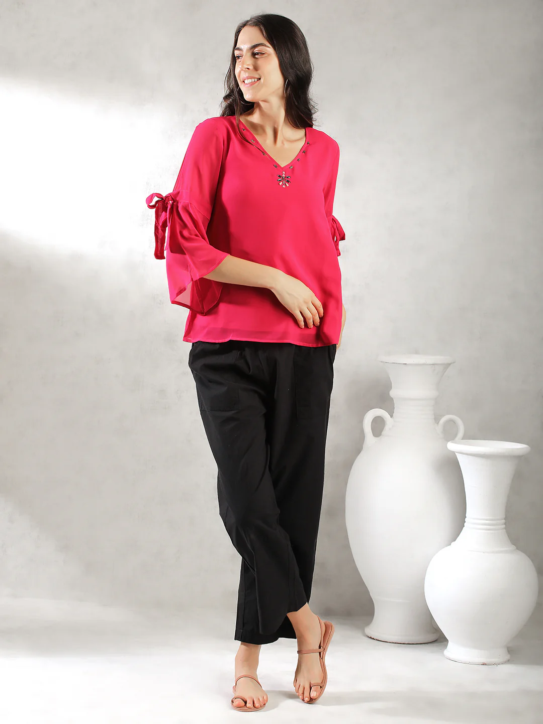 Women Pink A-Line Bell Sleeve Top - Image 2