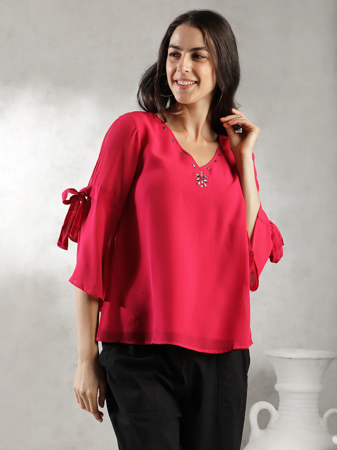 Women Pink A-Line Bell Sleeve Top - Image 3