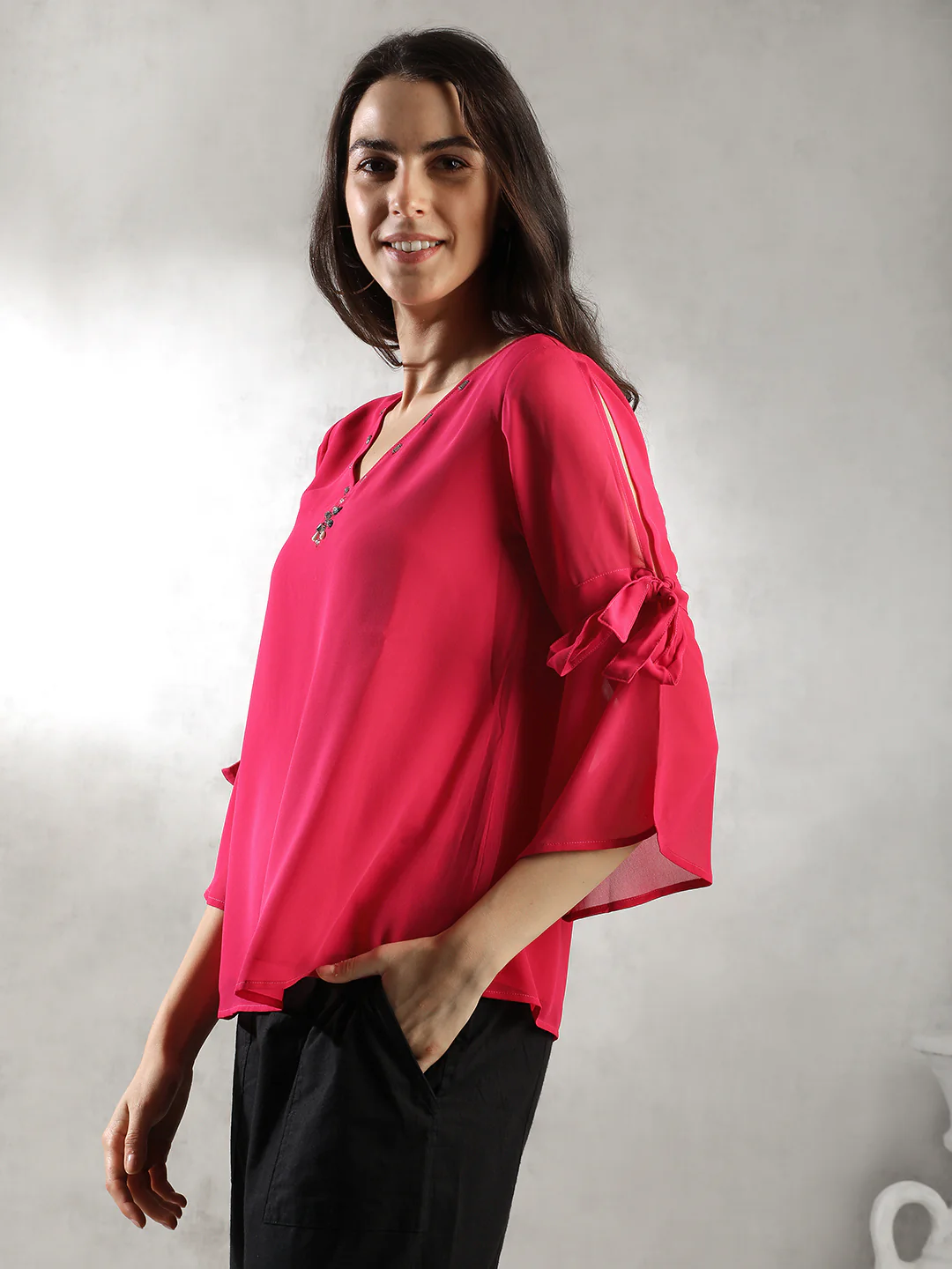 Women Pink A-Line Bell Sleeve Top - Image 7