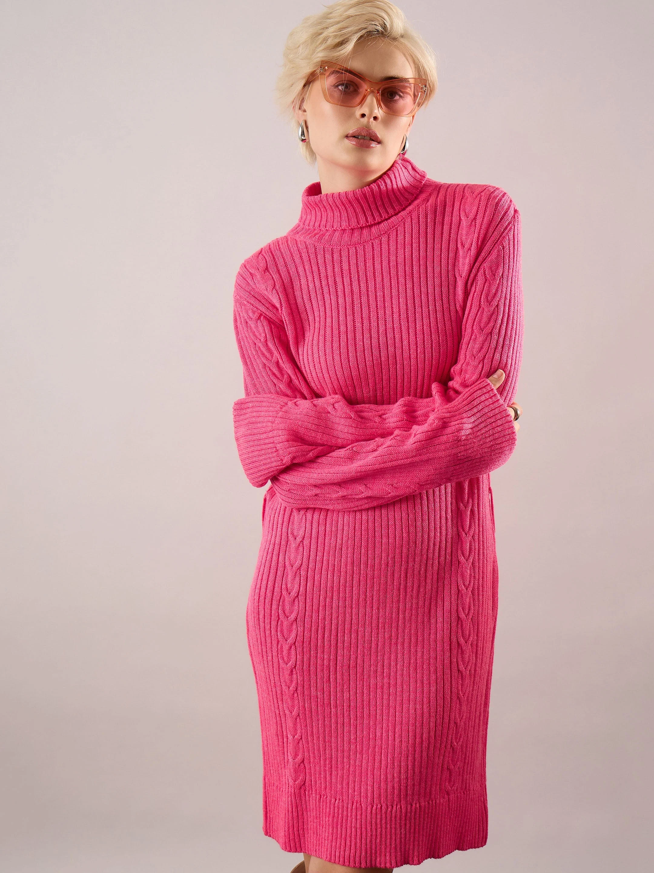 Women Pink Acrylic Wool Turtle Neck Short Dress - Image 2