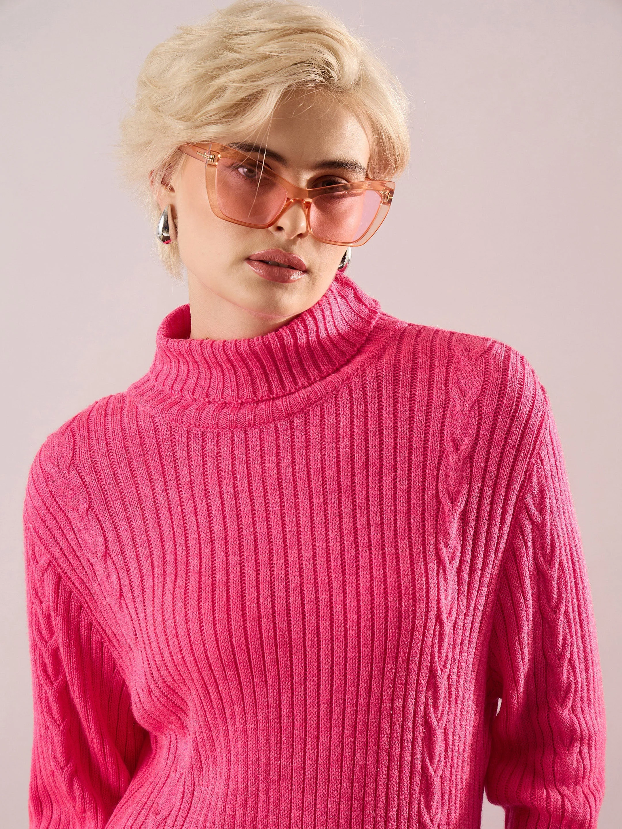 Women Pink Acrylic Wool Turtle Neck Short Dress - Image 4