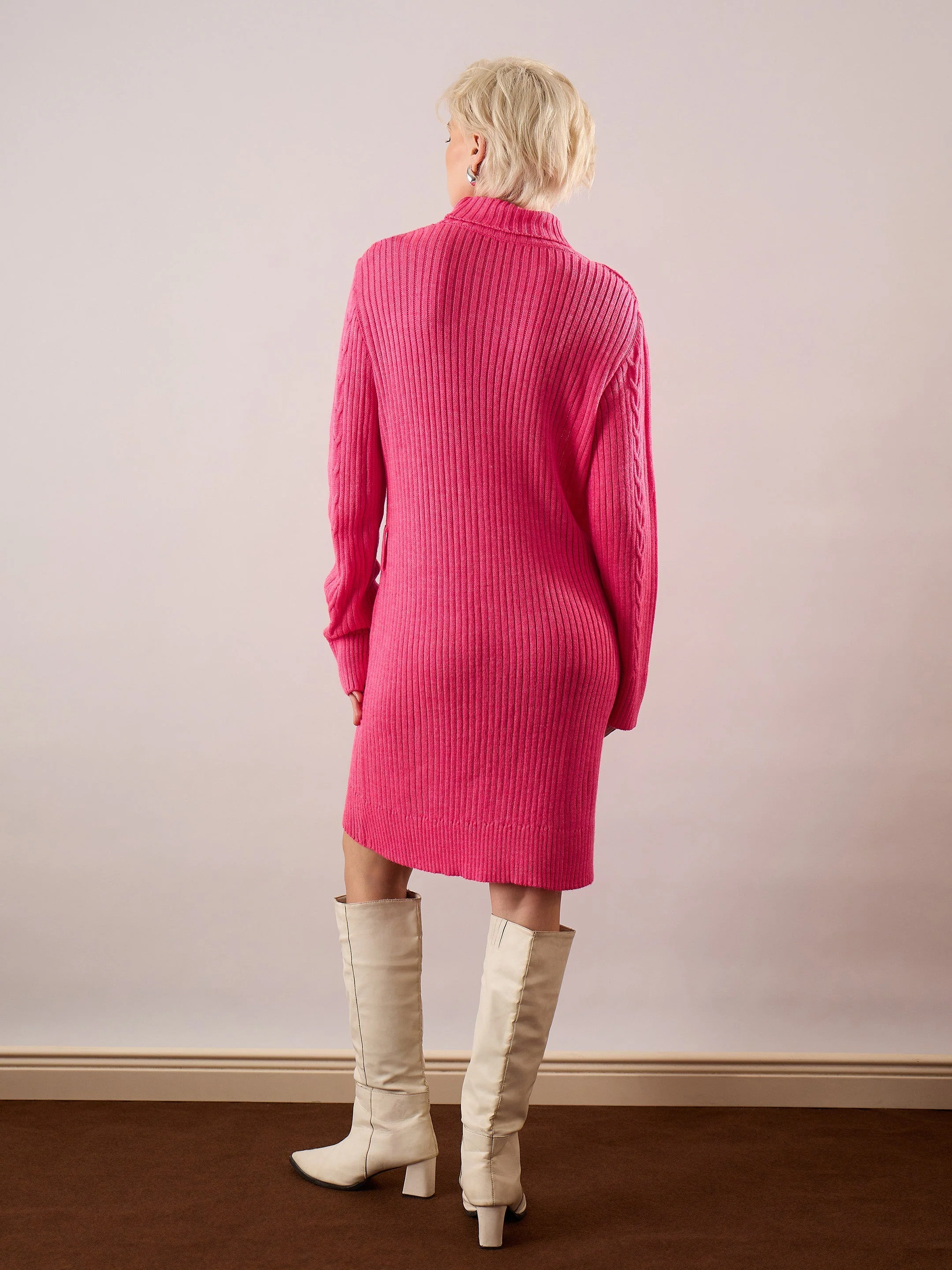 Women Pink Acrylic Wool Turtle Neck Short Dress - Image 5