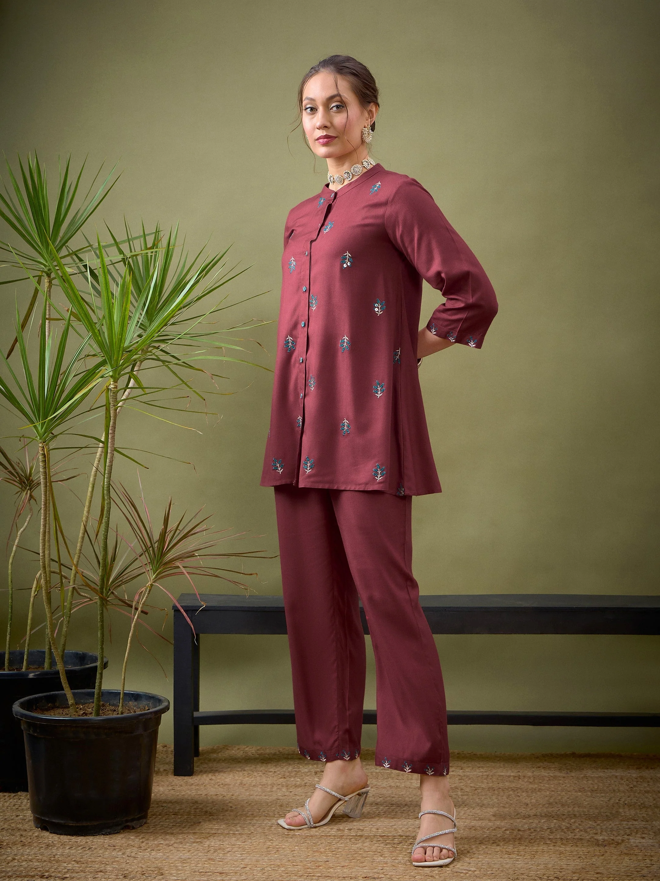 Women Pink All Over Embroidered Shirt With Palazzos - Image 3