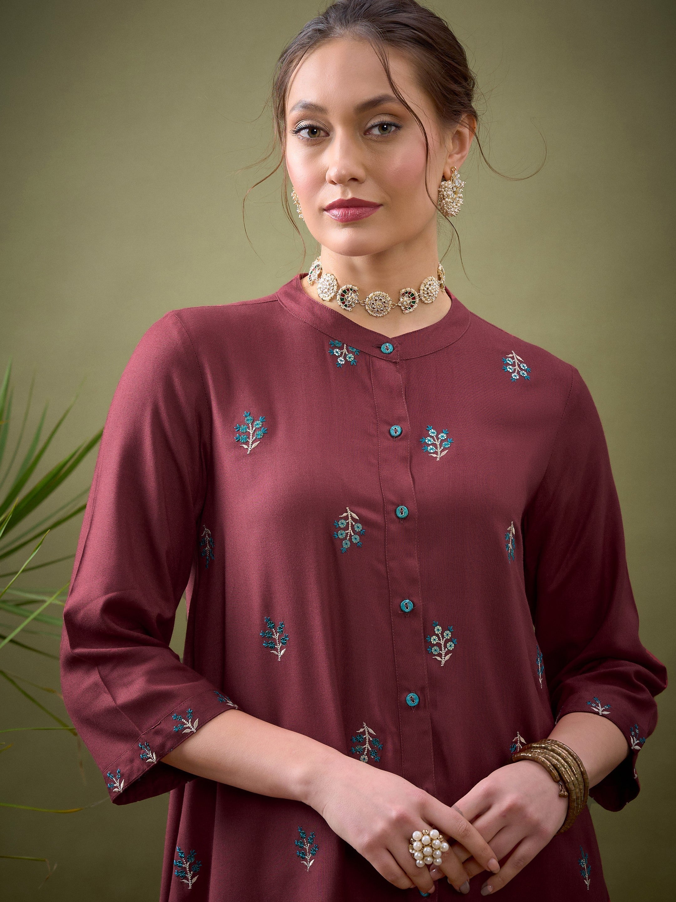 Women Pink All Over Embroidered Shirt With Palazzos - Image 4