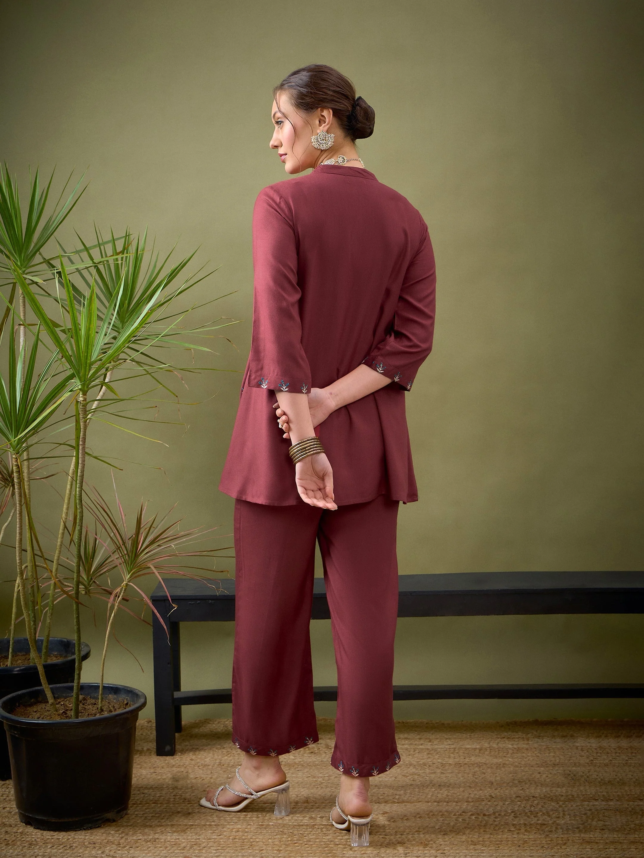 Women Pink All Over Embroidered Shirt With Palazzos - Image 6