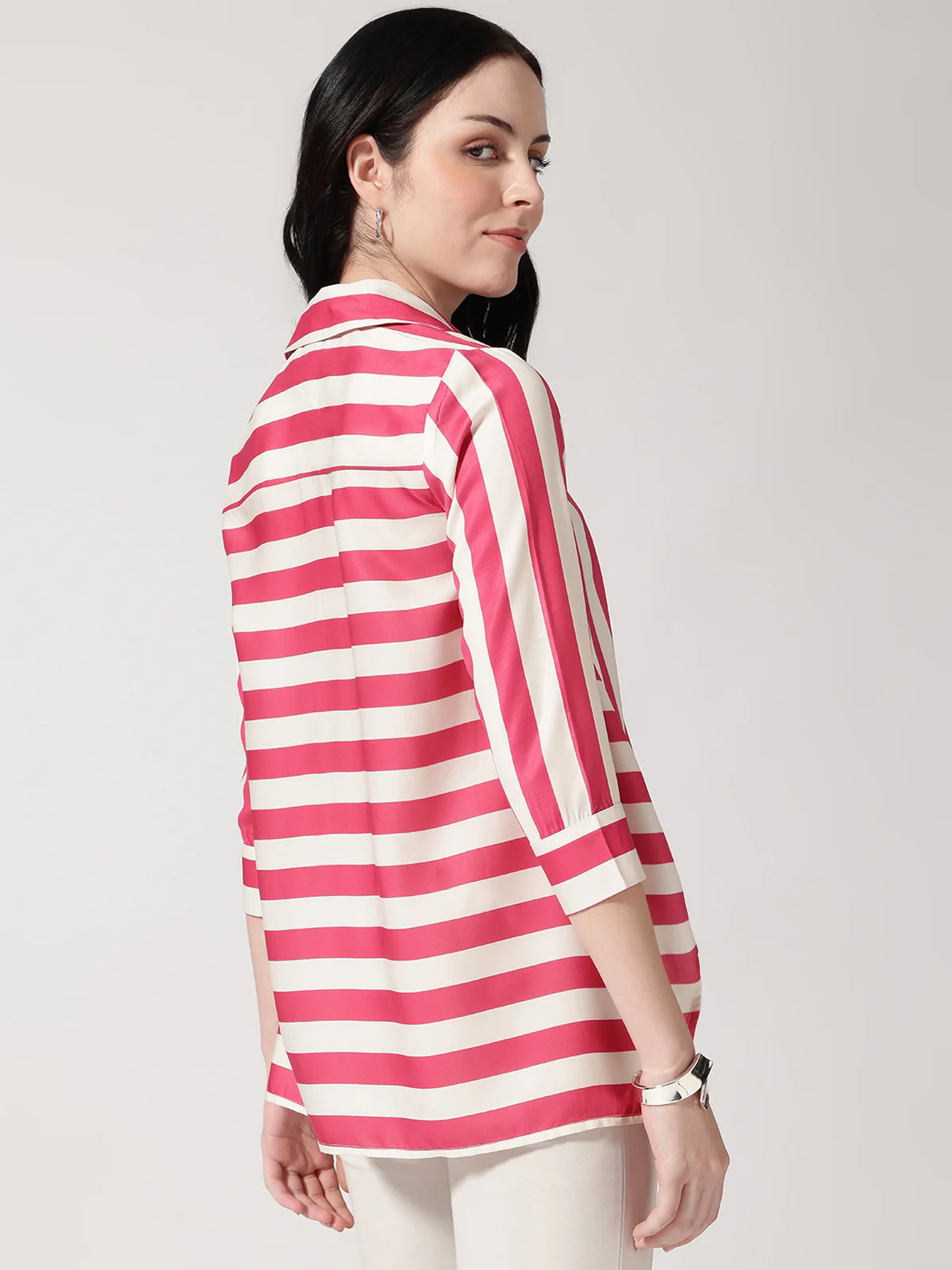 Women Pink Asymmetrical High and Low Striped Shirt - Image 2