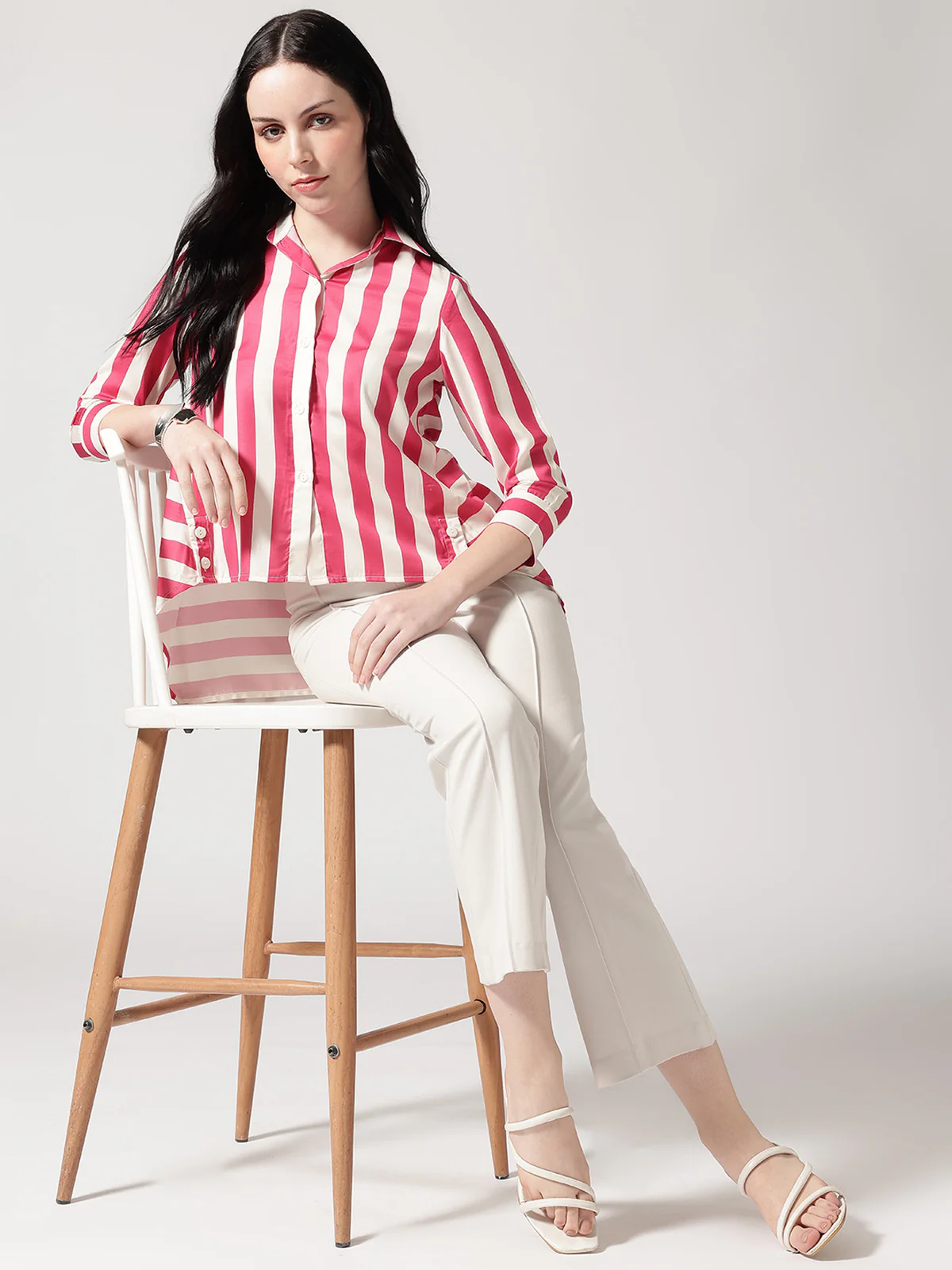Women Pink Asymmetrical High and Low Striped Shirt - Image 3