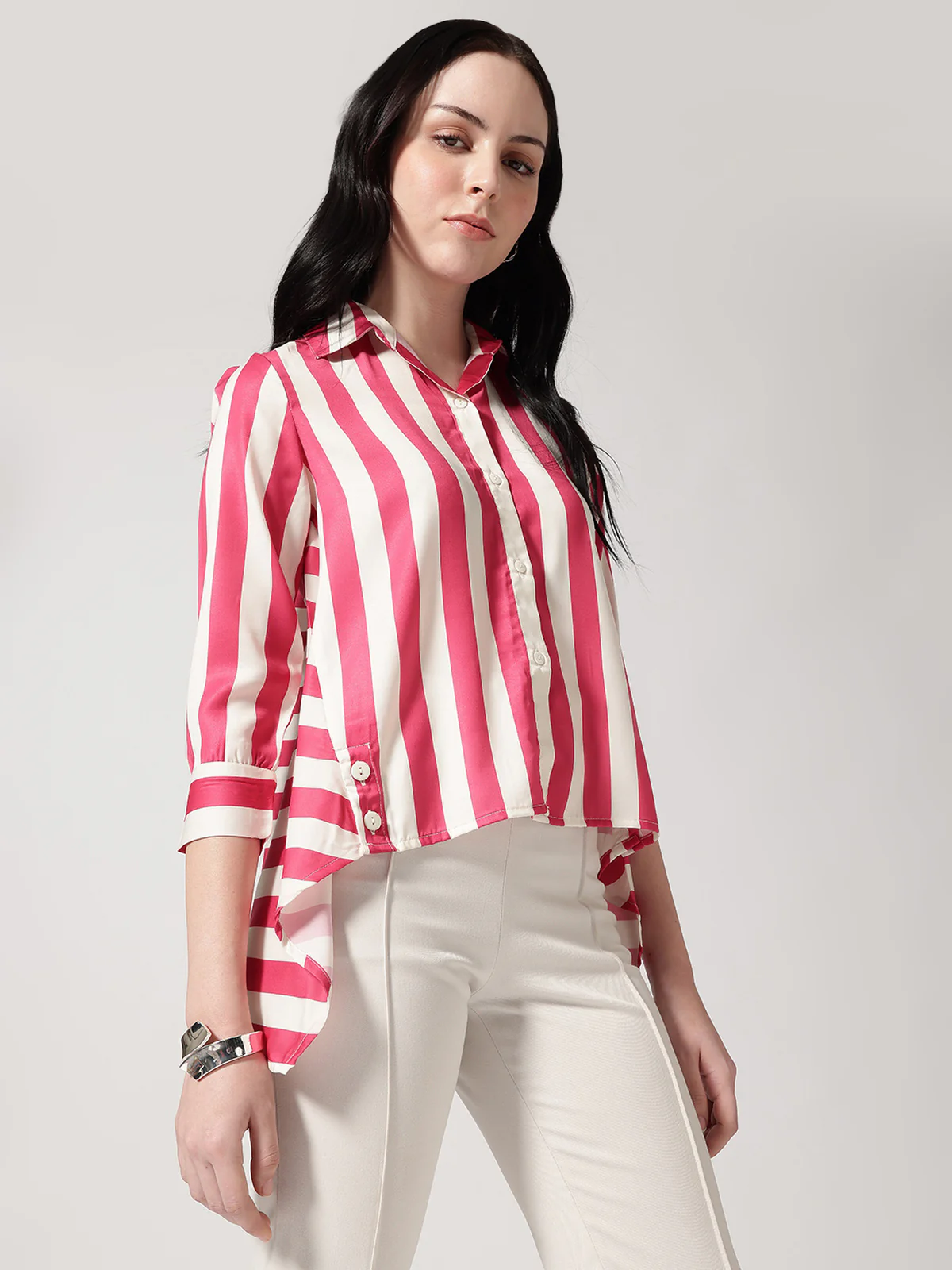 Women Pink Asymmetrical High and Low Striped Shirt - Image 4