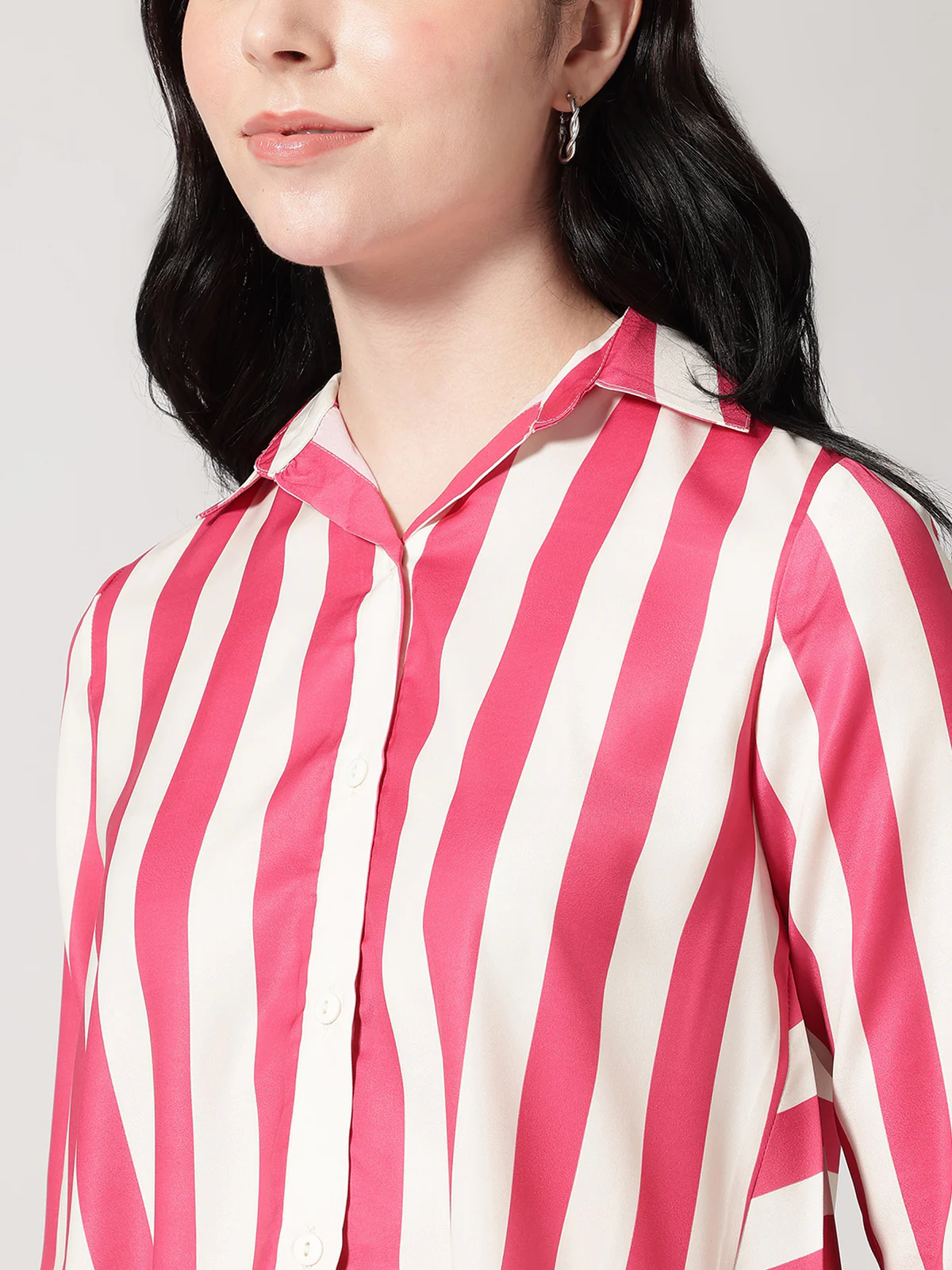 Women Pink Asymmetrical High and Low Striped Shirt - Image 5