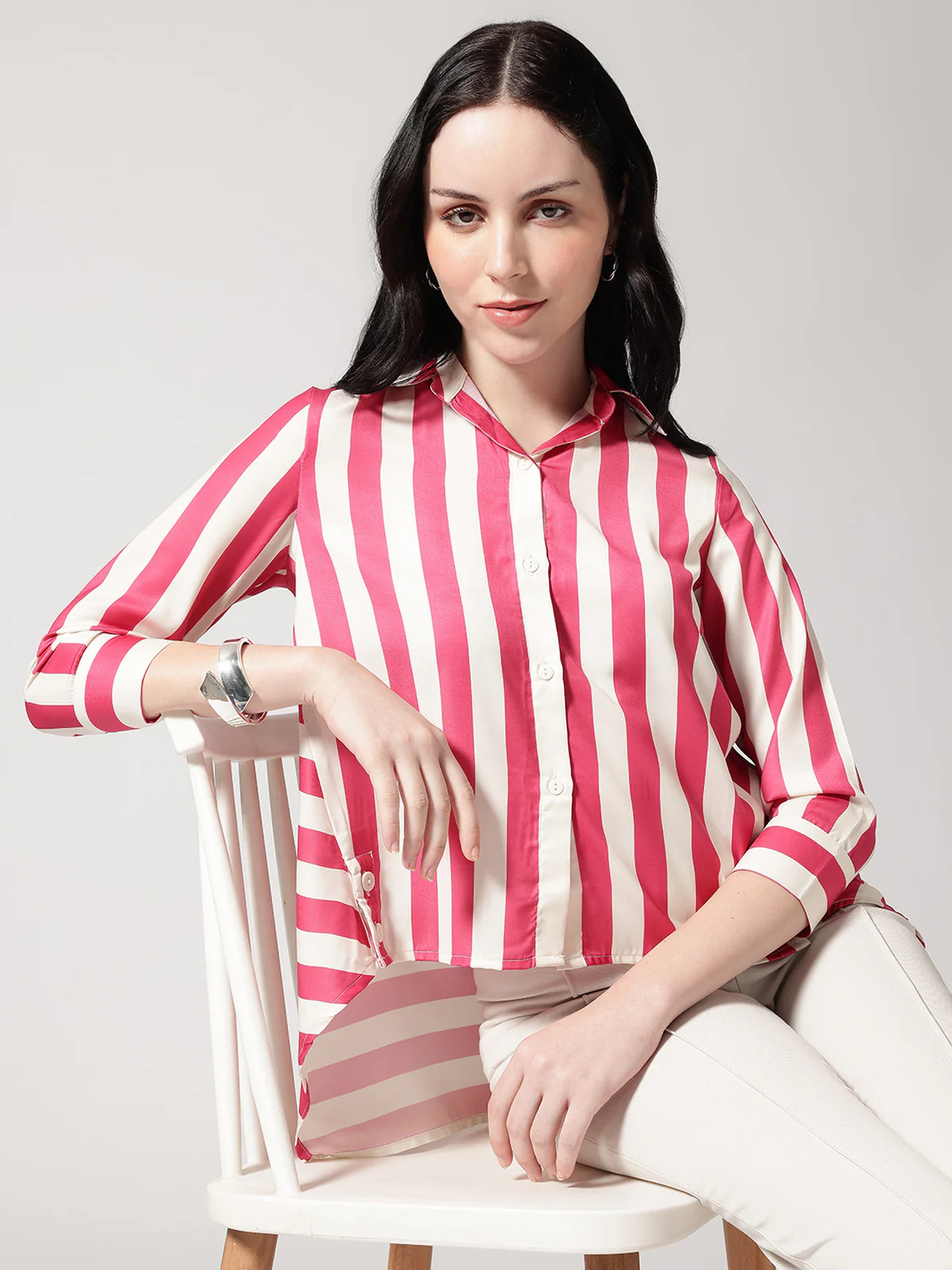 Women Pink Asymmetrical High and Low Striped Shirt - Image 6