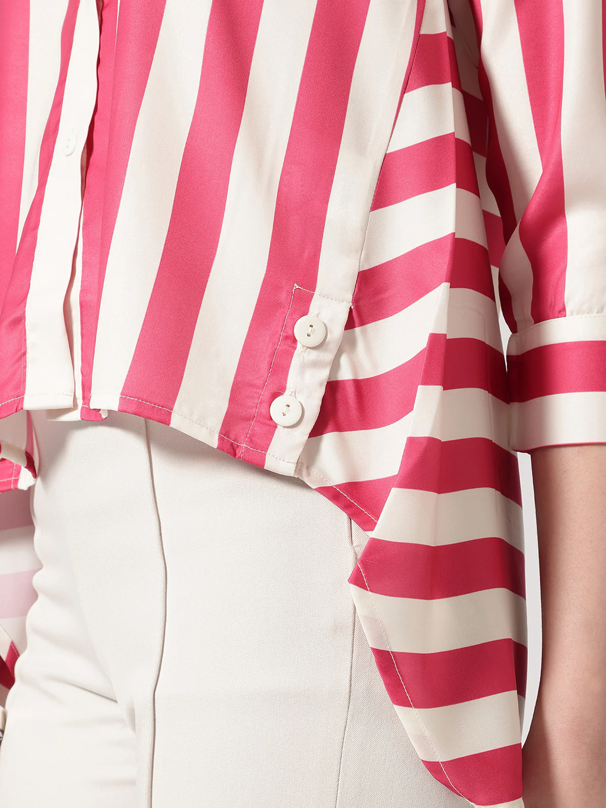Women Pink Asymmetrical High and Low Striped Shirt - Image 7
