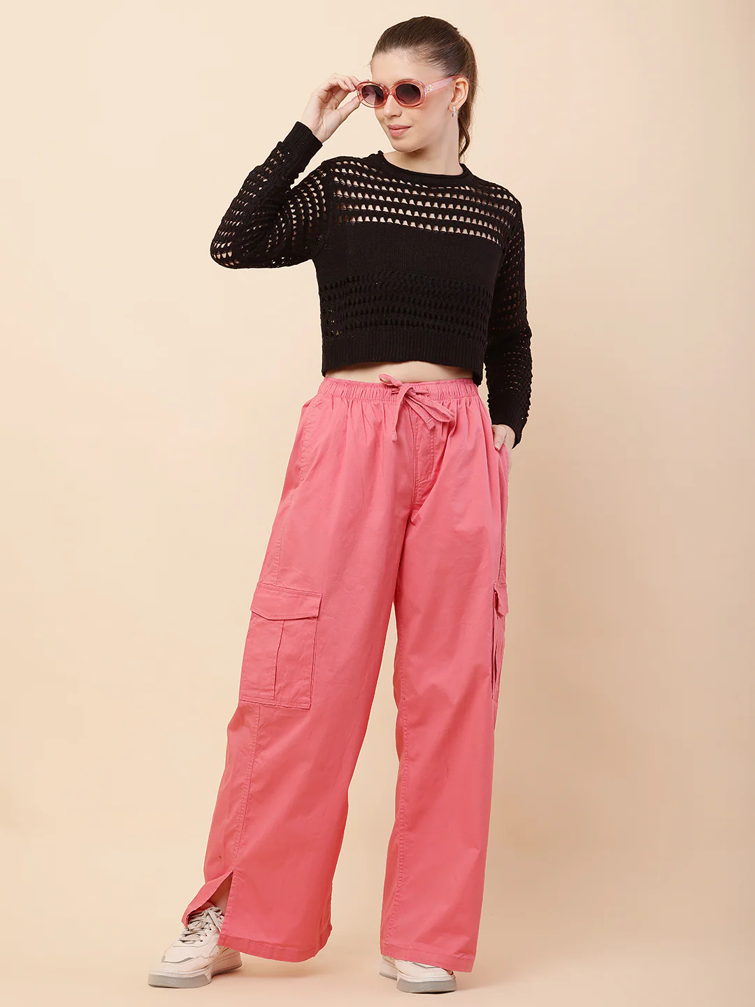 Women Pink Baggy Cargo Pants - Image 2