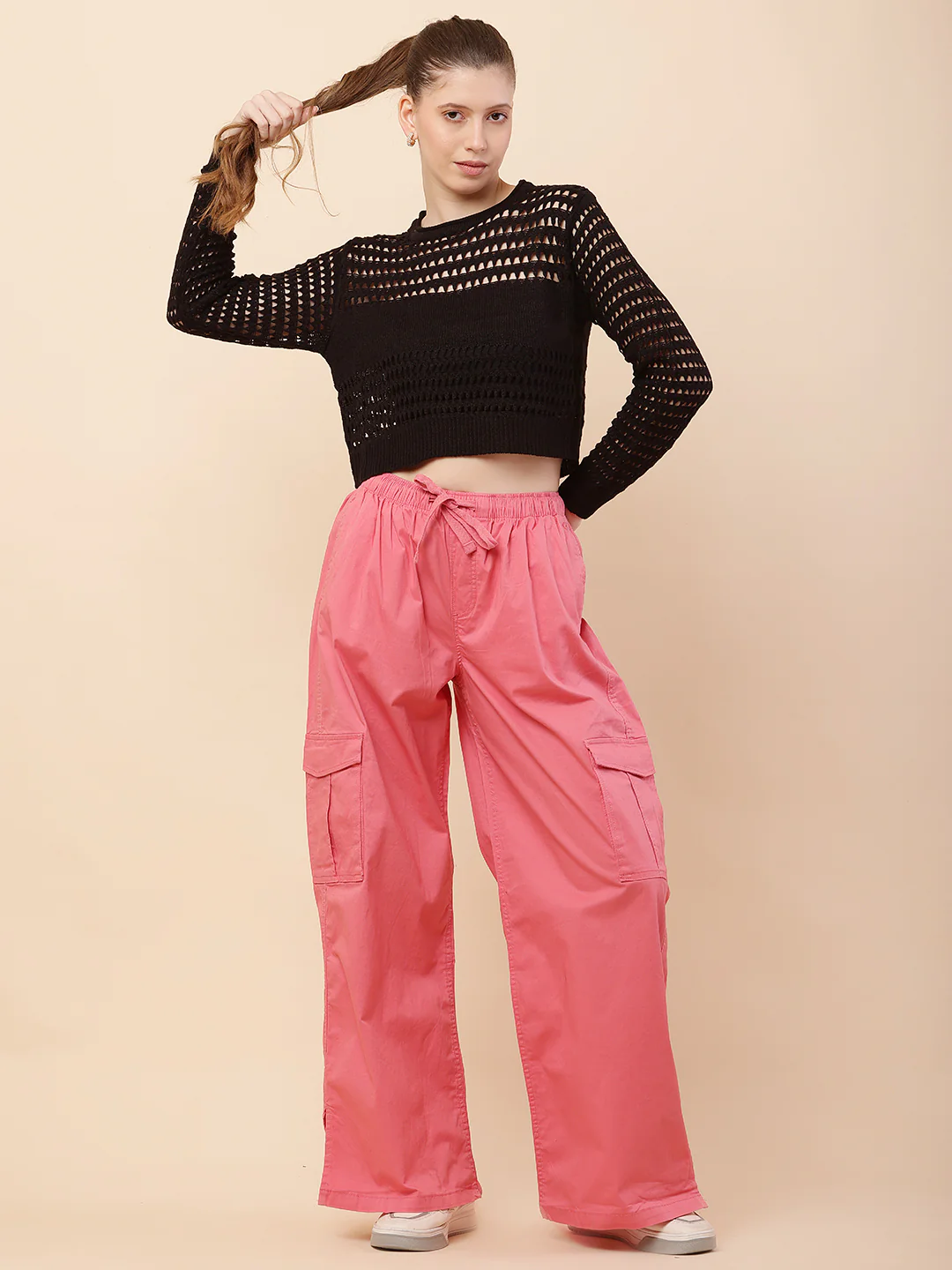 Women Pink Baggy Cargo Pants - Image 3