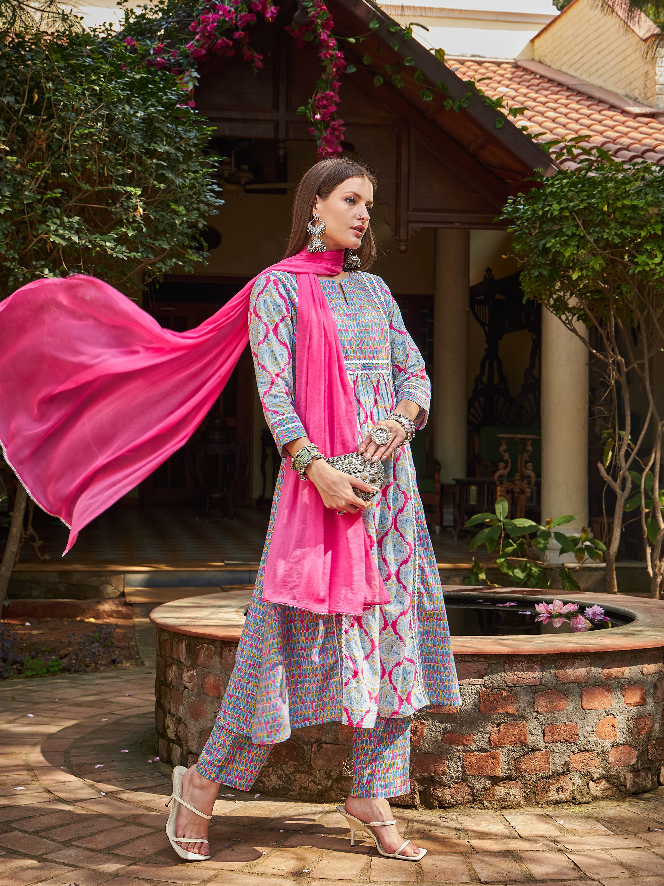 Women Pink & Blue Floral Anarkali Kurta With Pencil Pants & Dupatta - Image 2