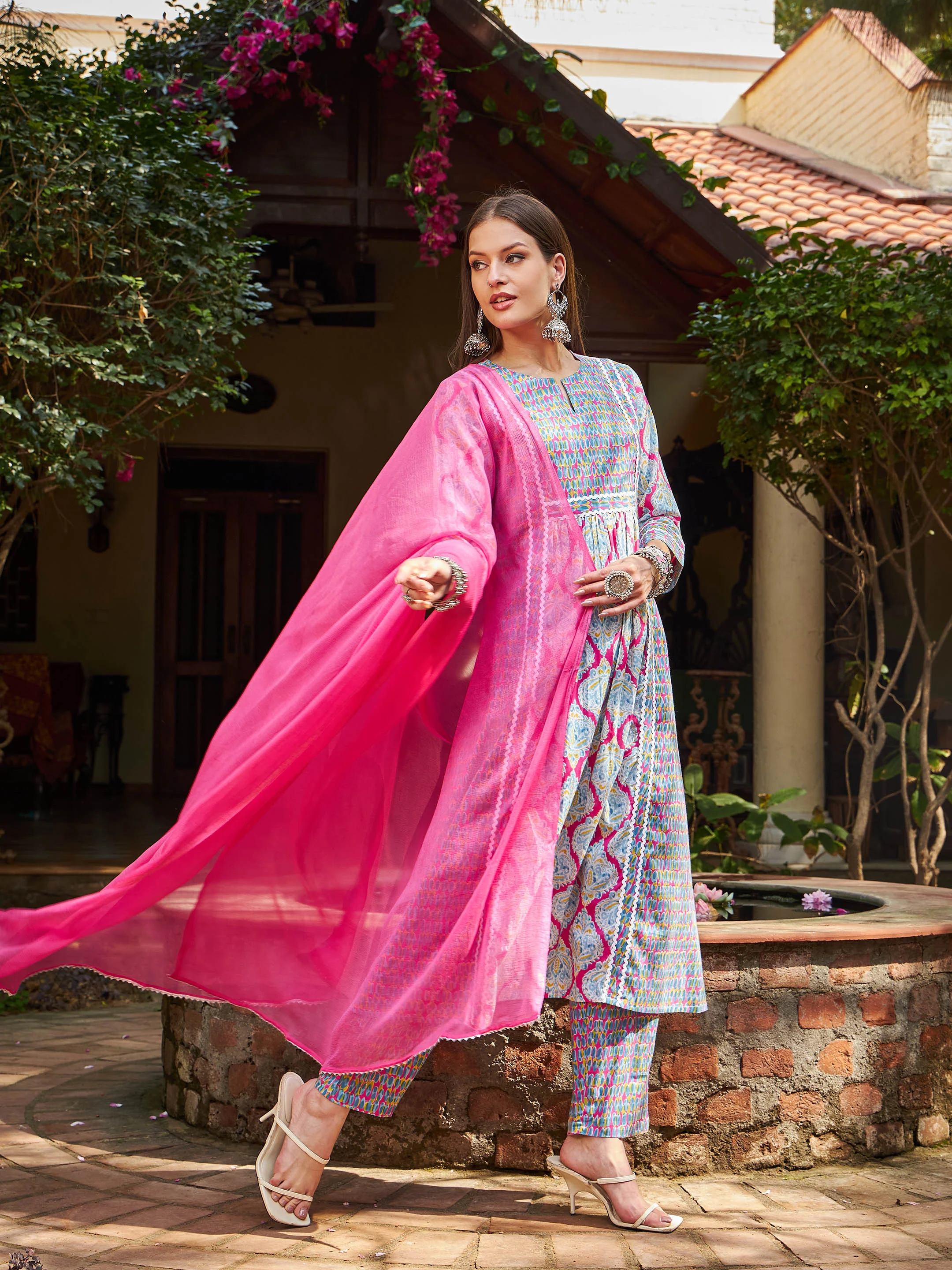 Women Pink & Blue Floral Anarkali Kurta With Pencil Pants & Dupatta - Image 3