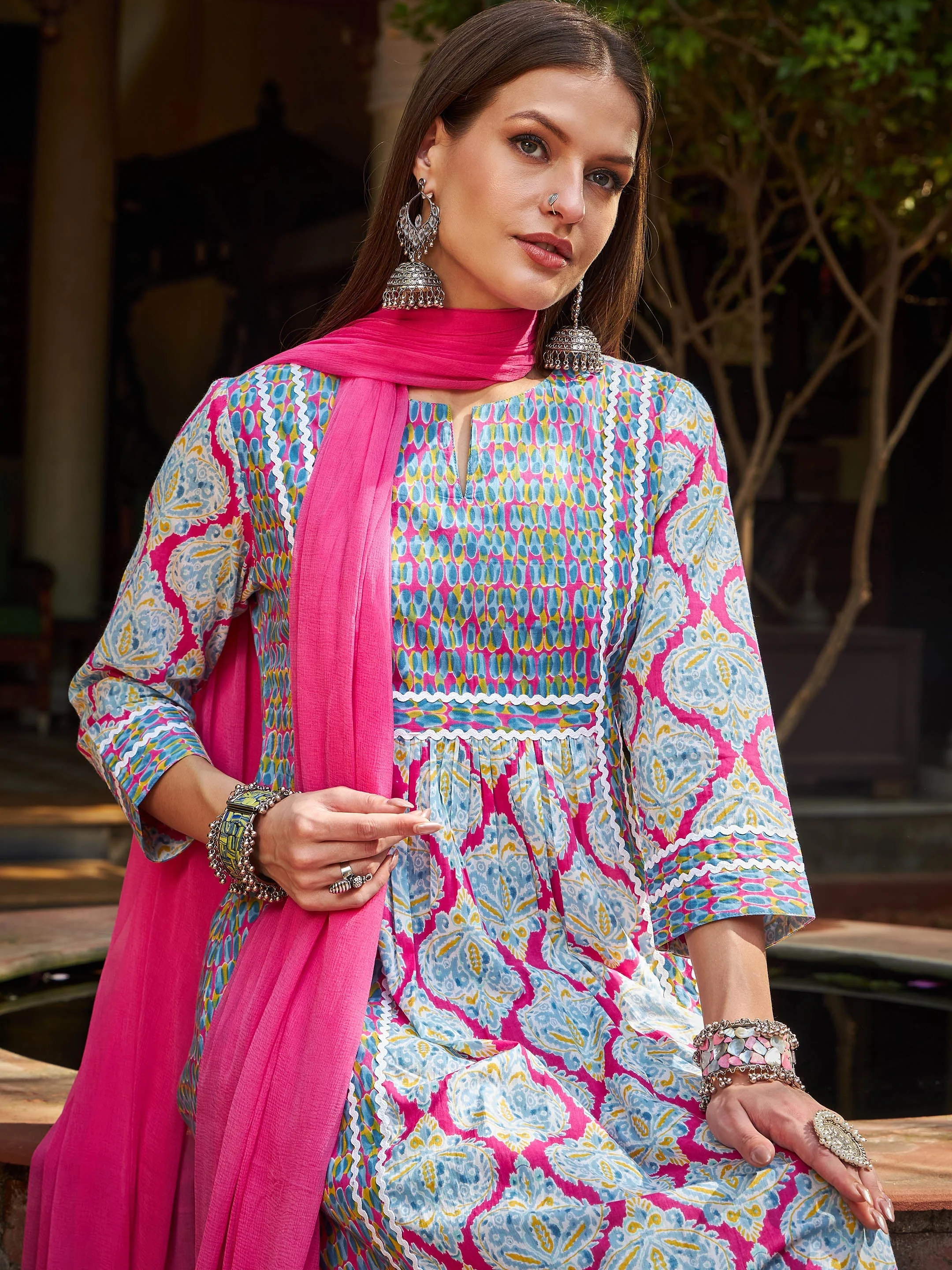 Women Pink & Blue Floral Anarkali Kurta With Pencil Pants & Dupatta - Image 4