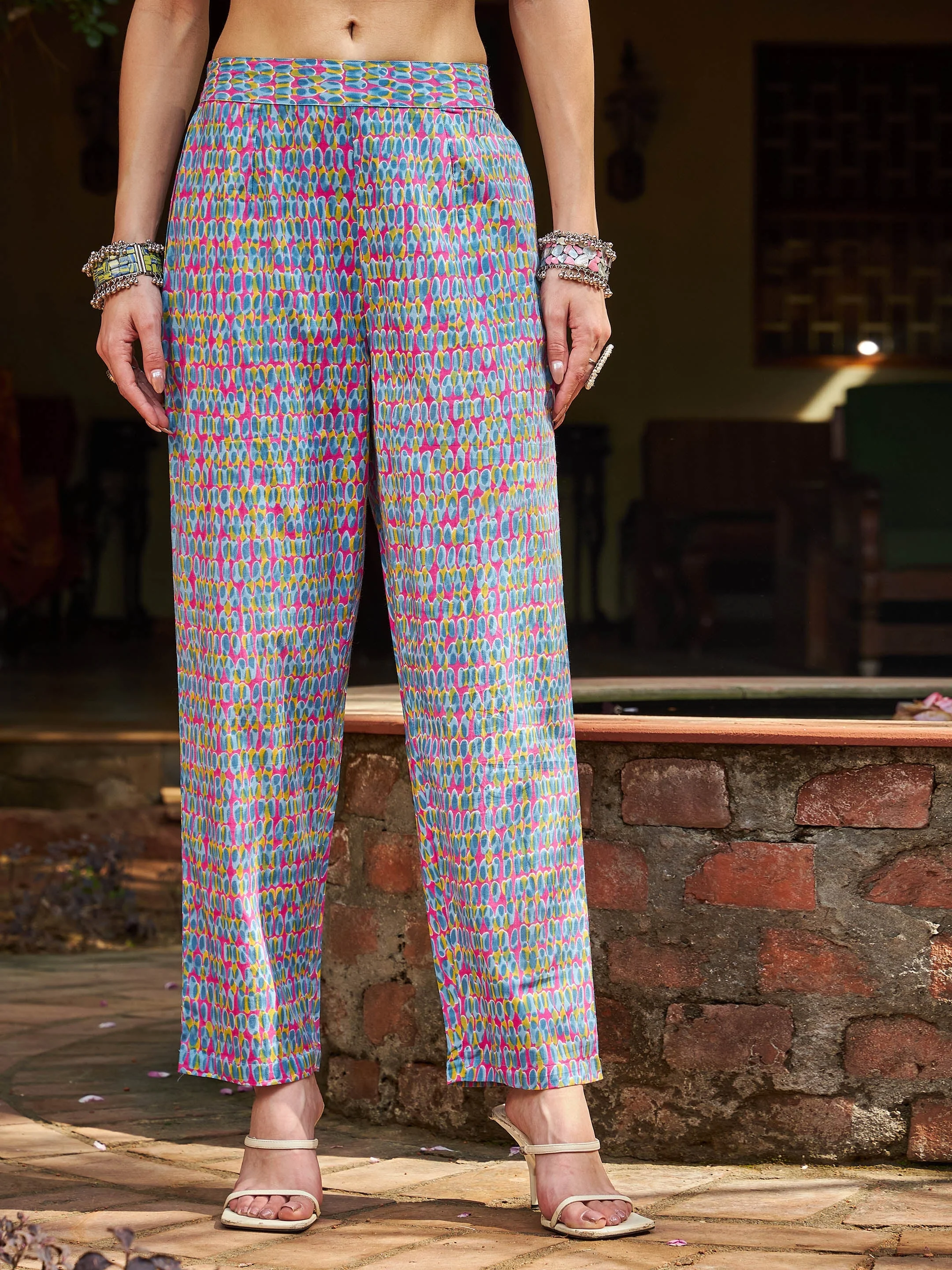 Women Pink & Blue Floral Anarkali Kurta With Pencil Pants & Dupatta - Image 5
