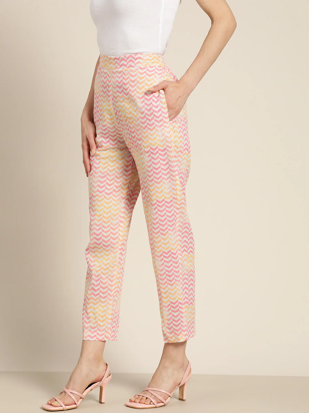 Women Pink Chevron Sustainable Straight Pants - Image 2