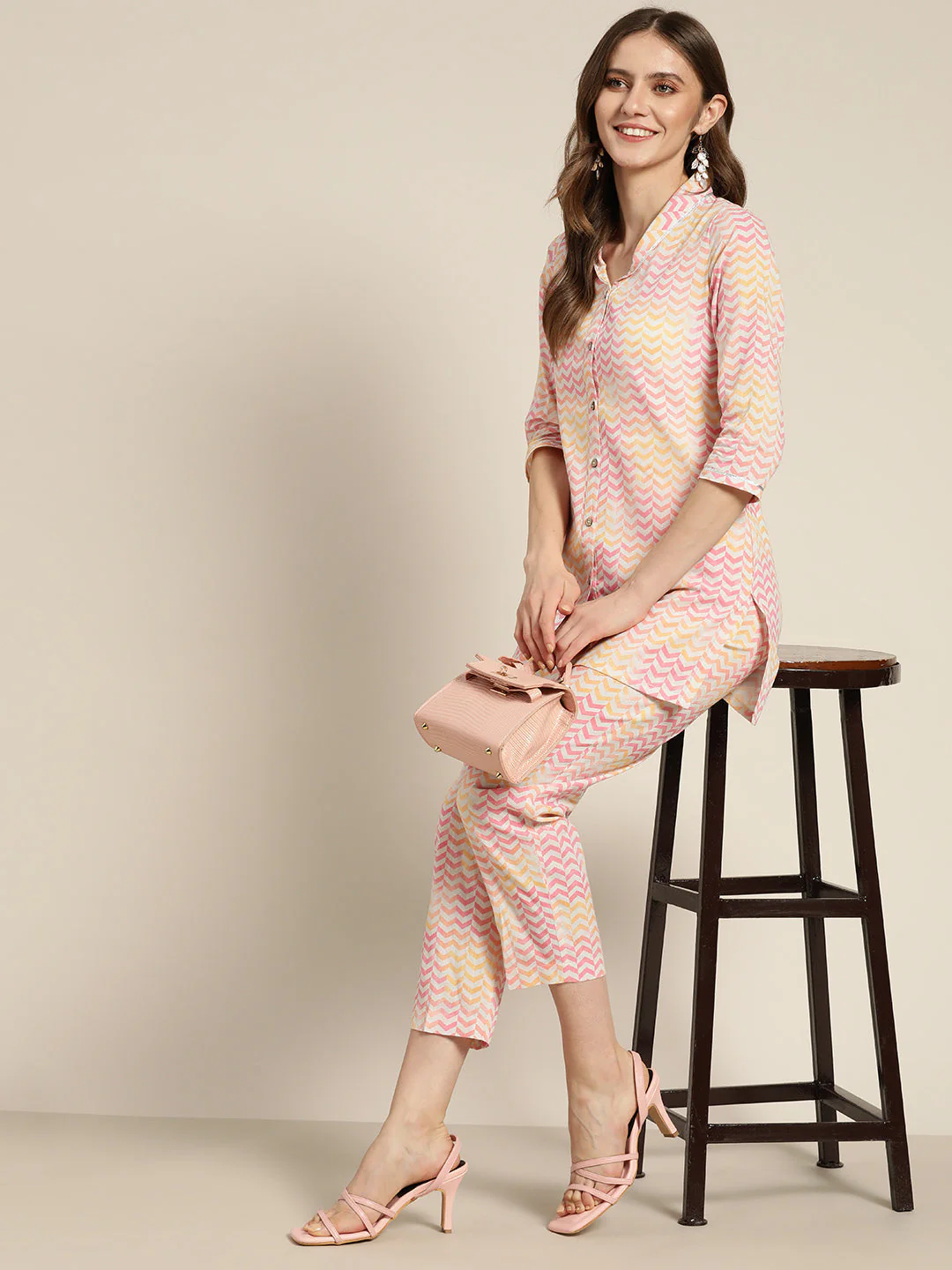 Women Pink Chevron Sustainable Straight Pants - Image 4