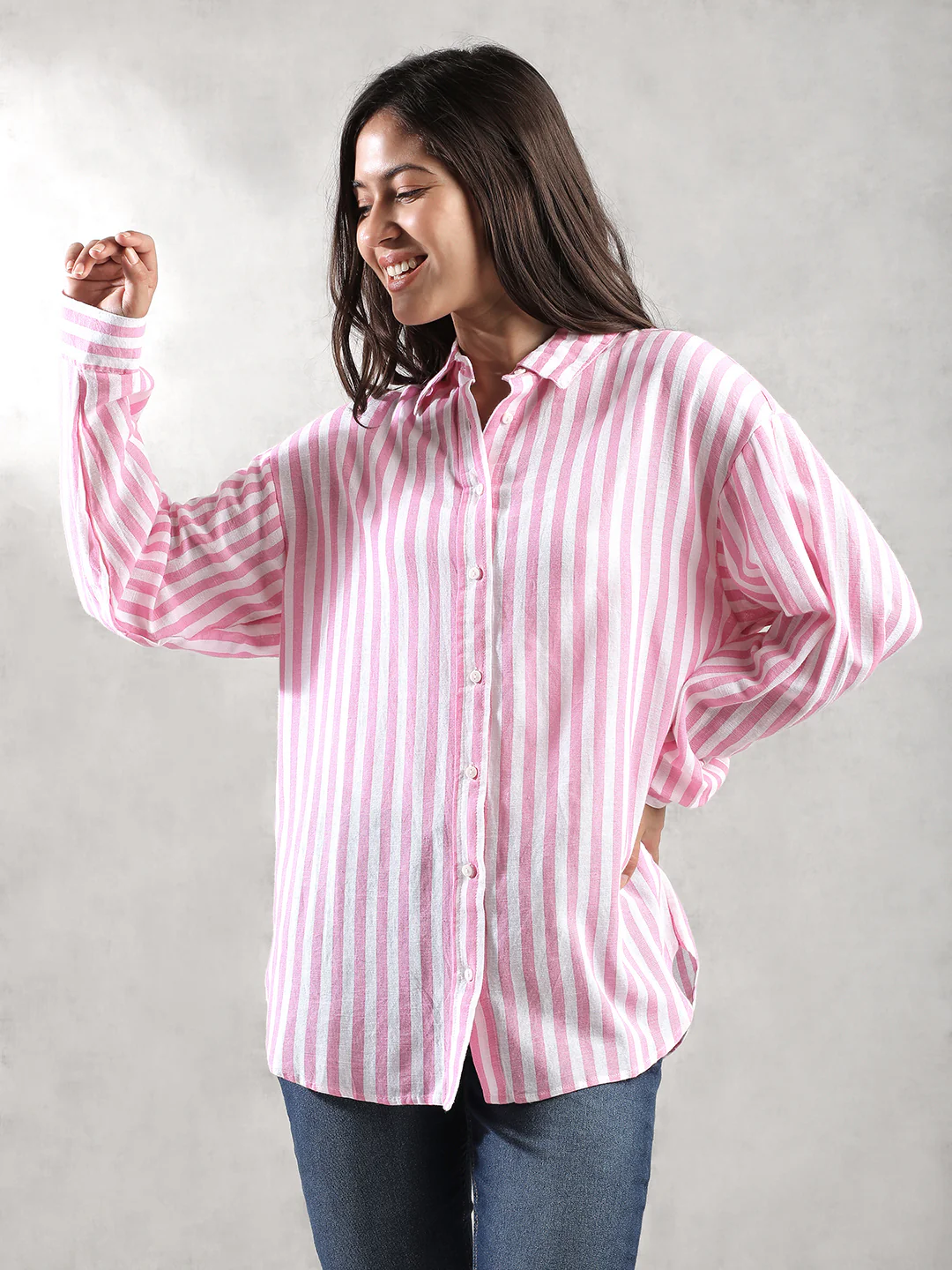 Women Pink Comfort Fit Striped Shirt - Image 5