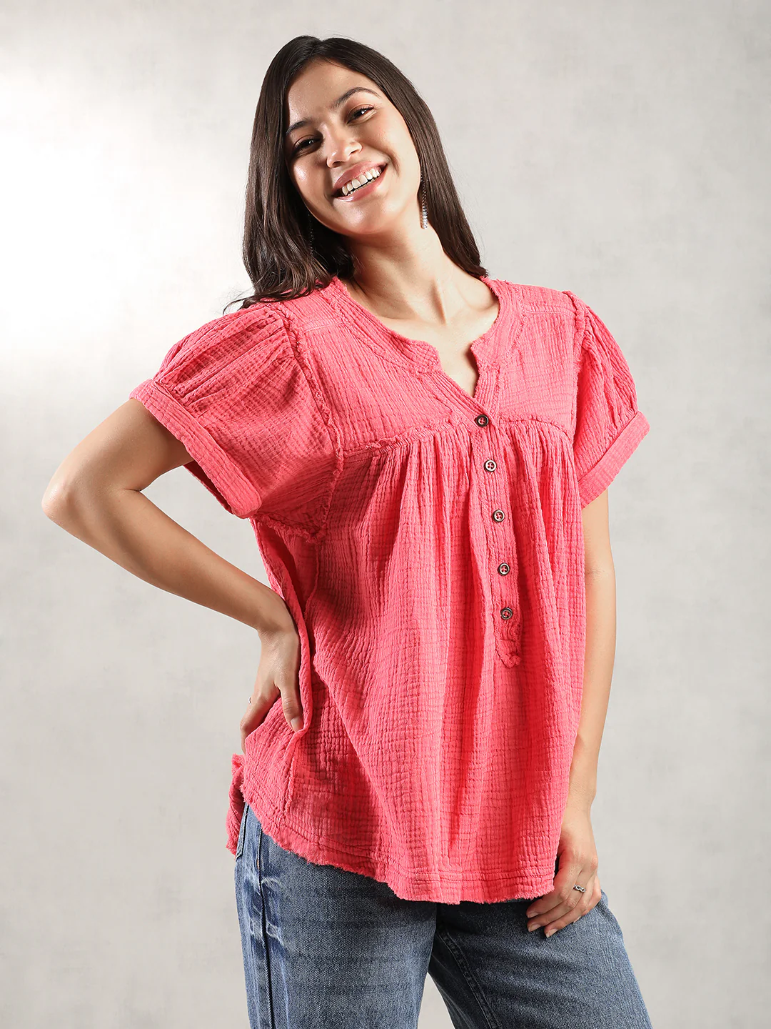 Women Pink Double Gauze Relaxed Top - Image 4