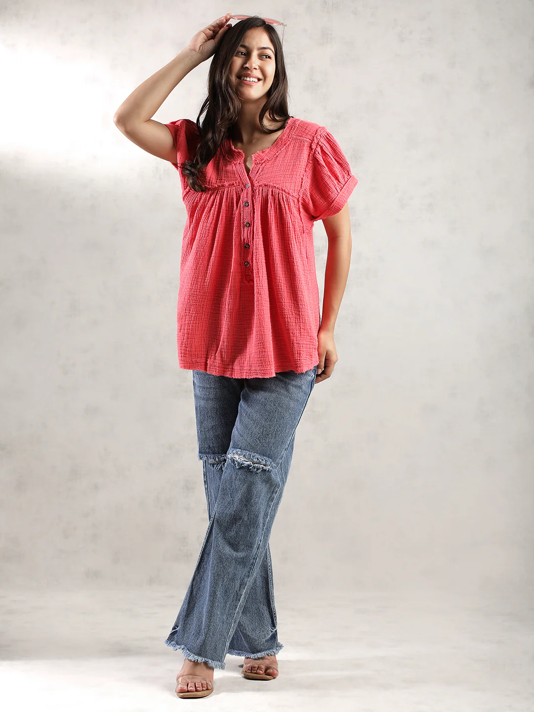 Women Pink Double Gauze Relaxed Top - Image 5