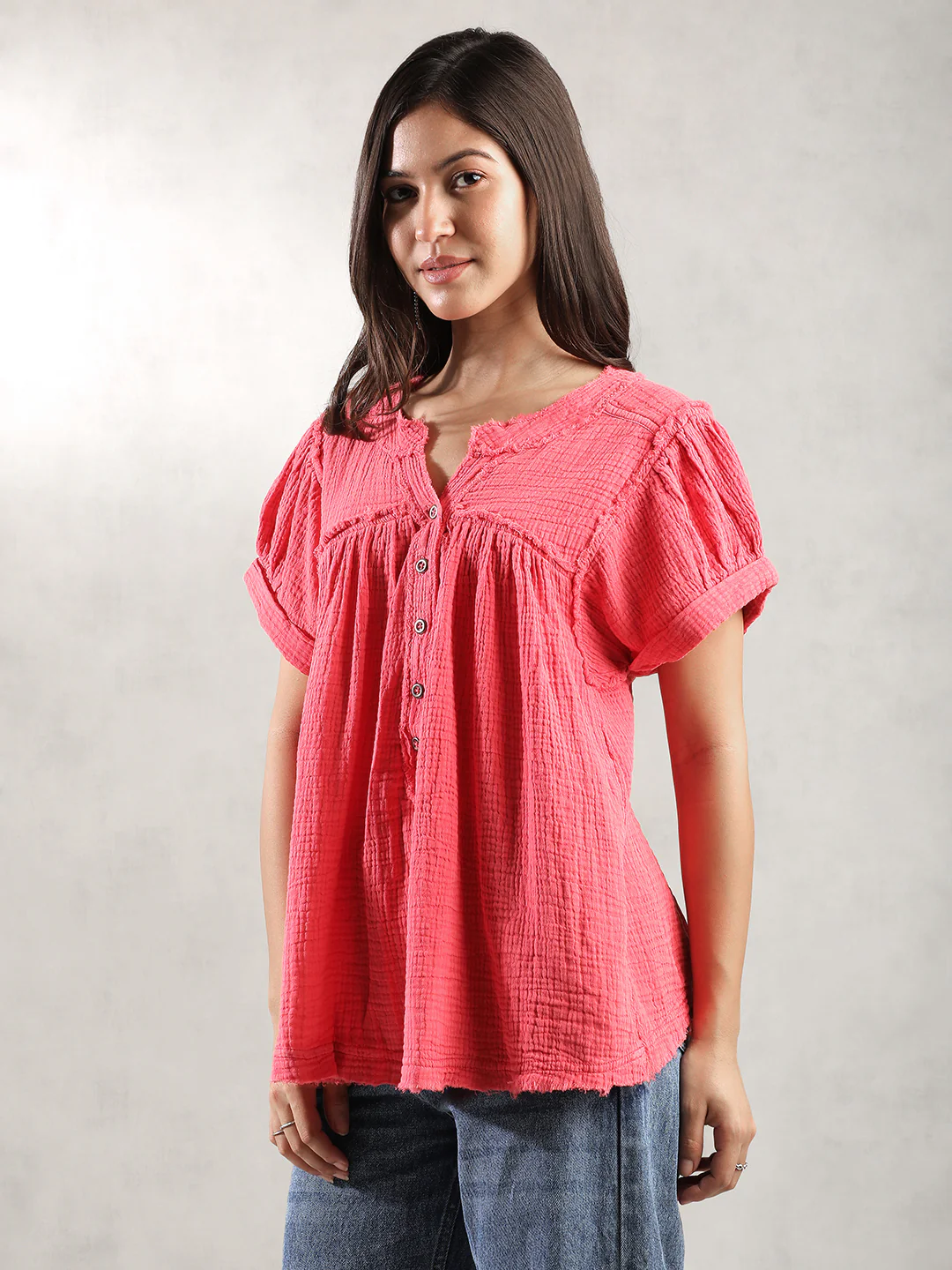 Women Pink Double Gauze Relaxed Top - Image 6