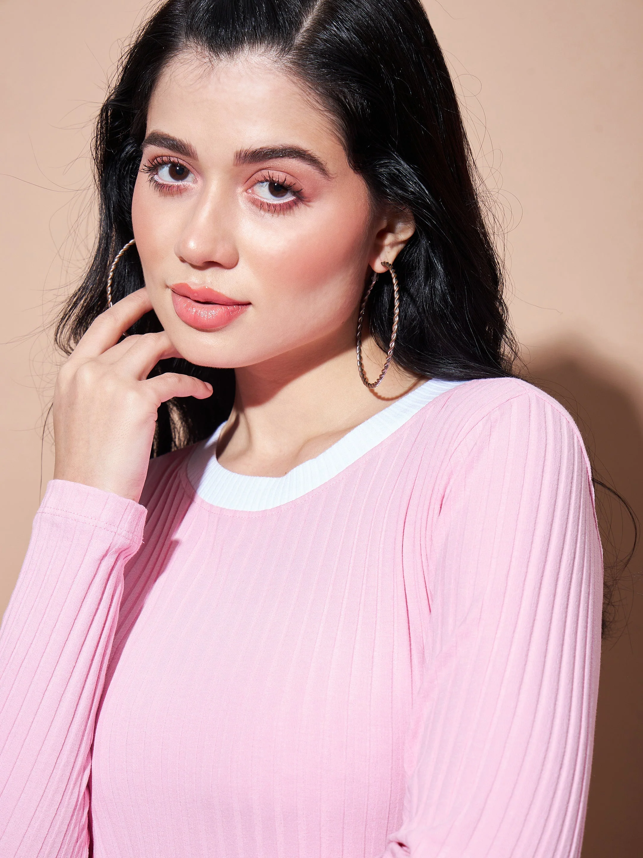 Women Pink Contrast Rib Bodycon Rib Dress - Image 3