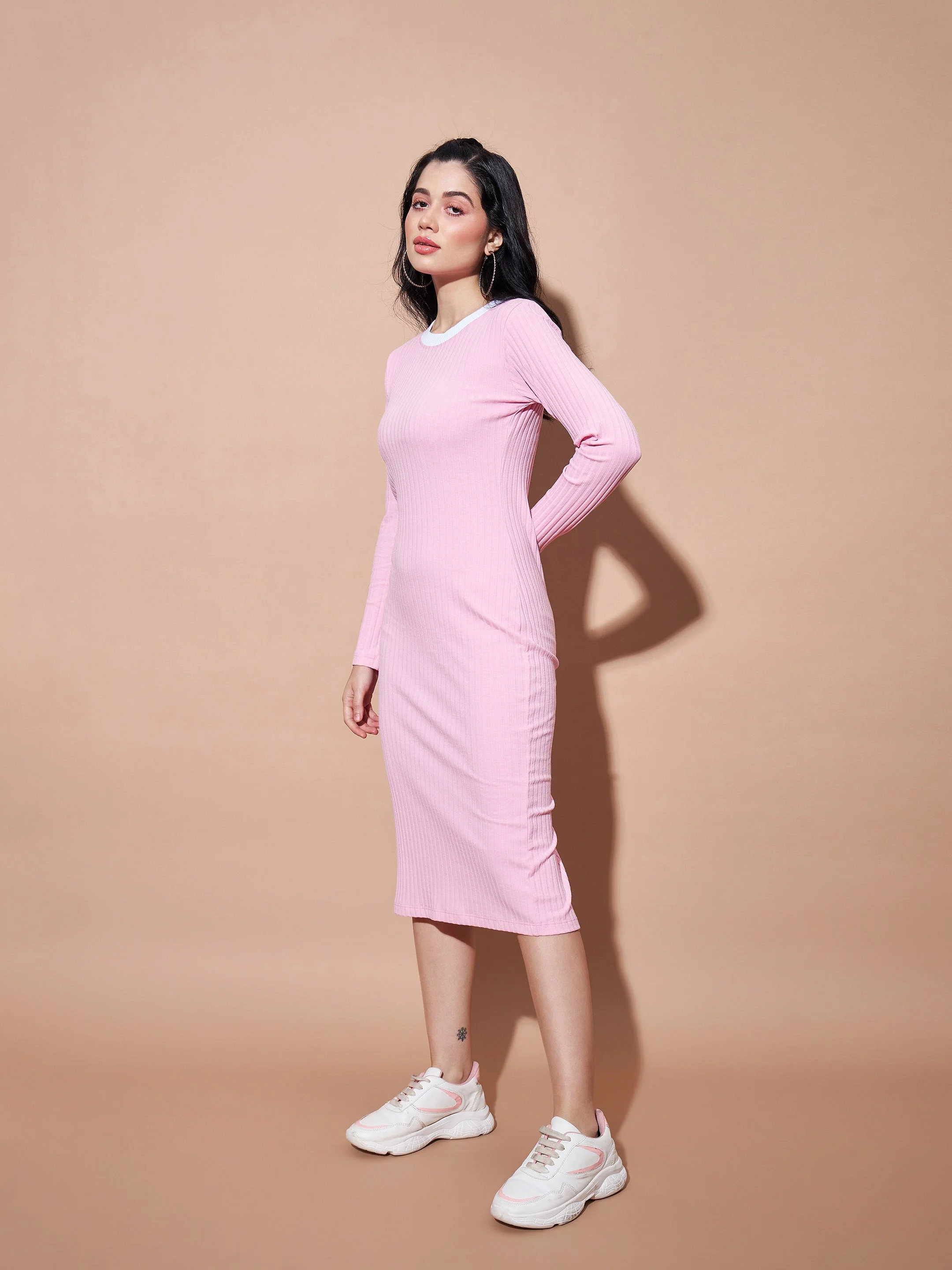 Women Pink Contrast Rib Bodycon Rib Dress - Image 5