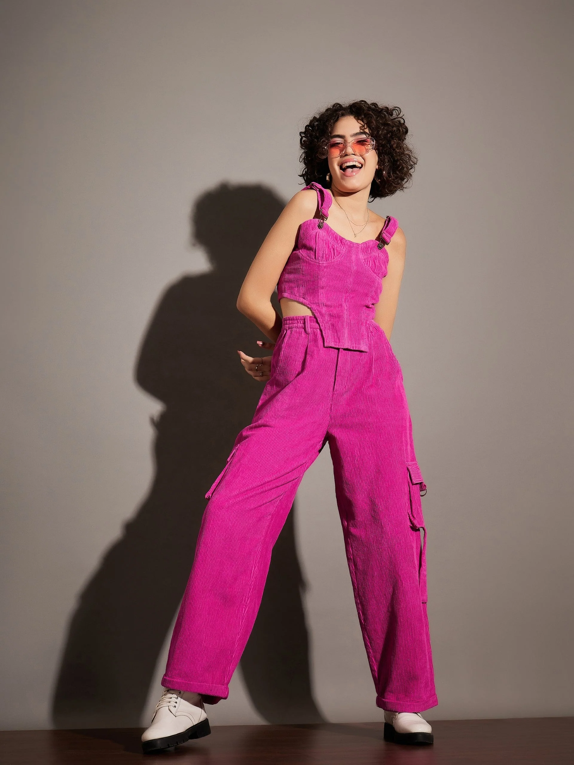 Women Pink Corduroy Multi Pocket Cargo Pants - Image 2
