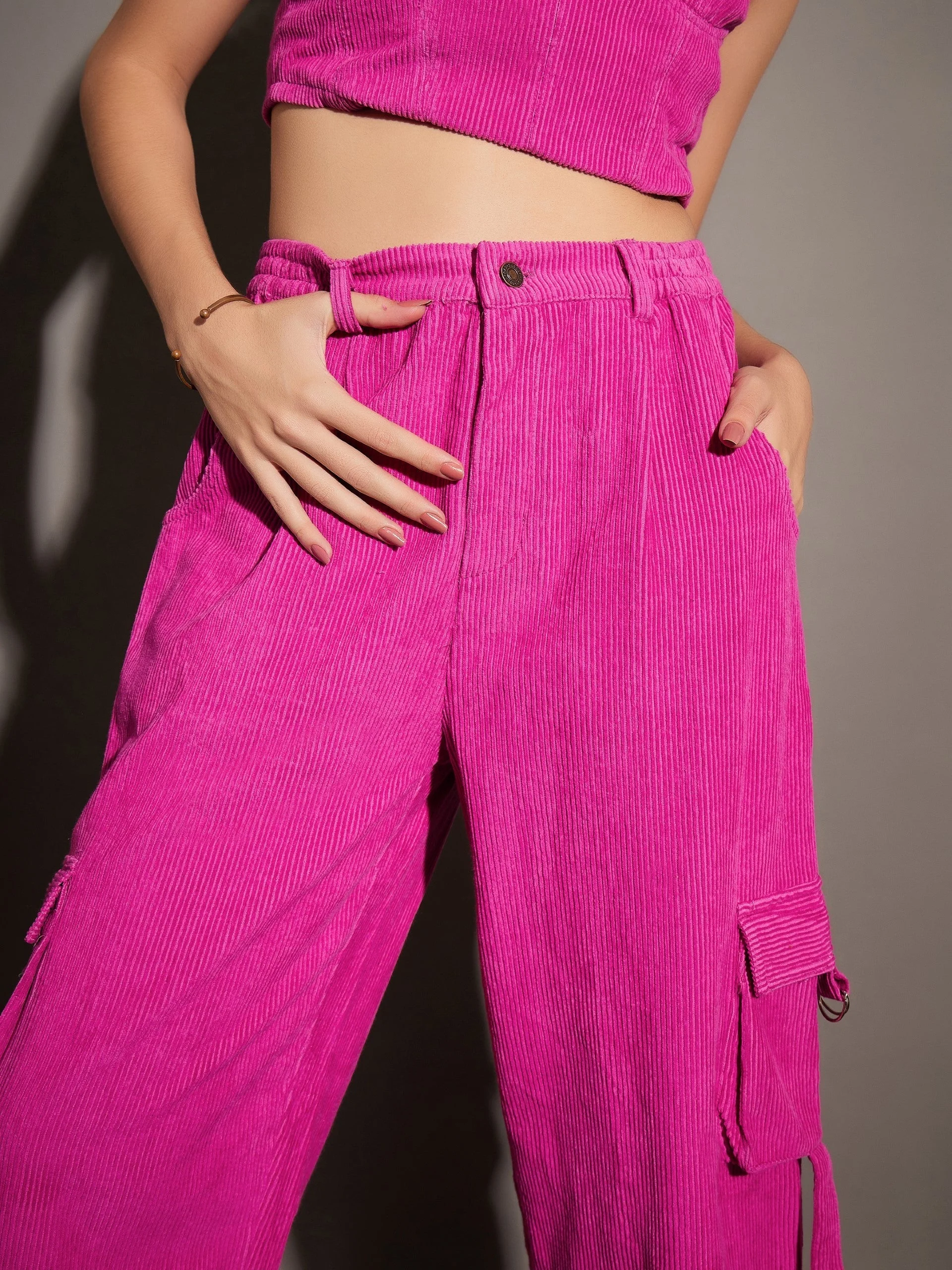 Women Pink Corduroy Multi Pocket Cargo Pants - Image 4